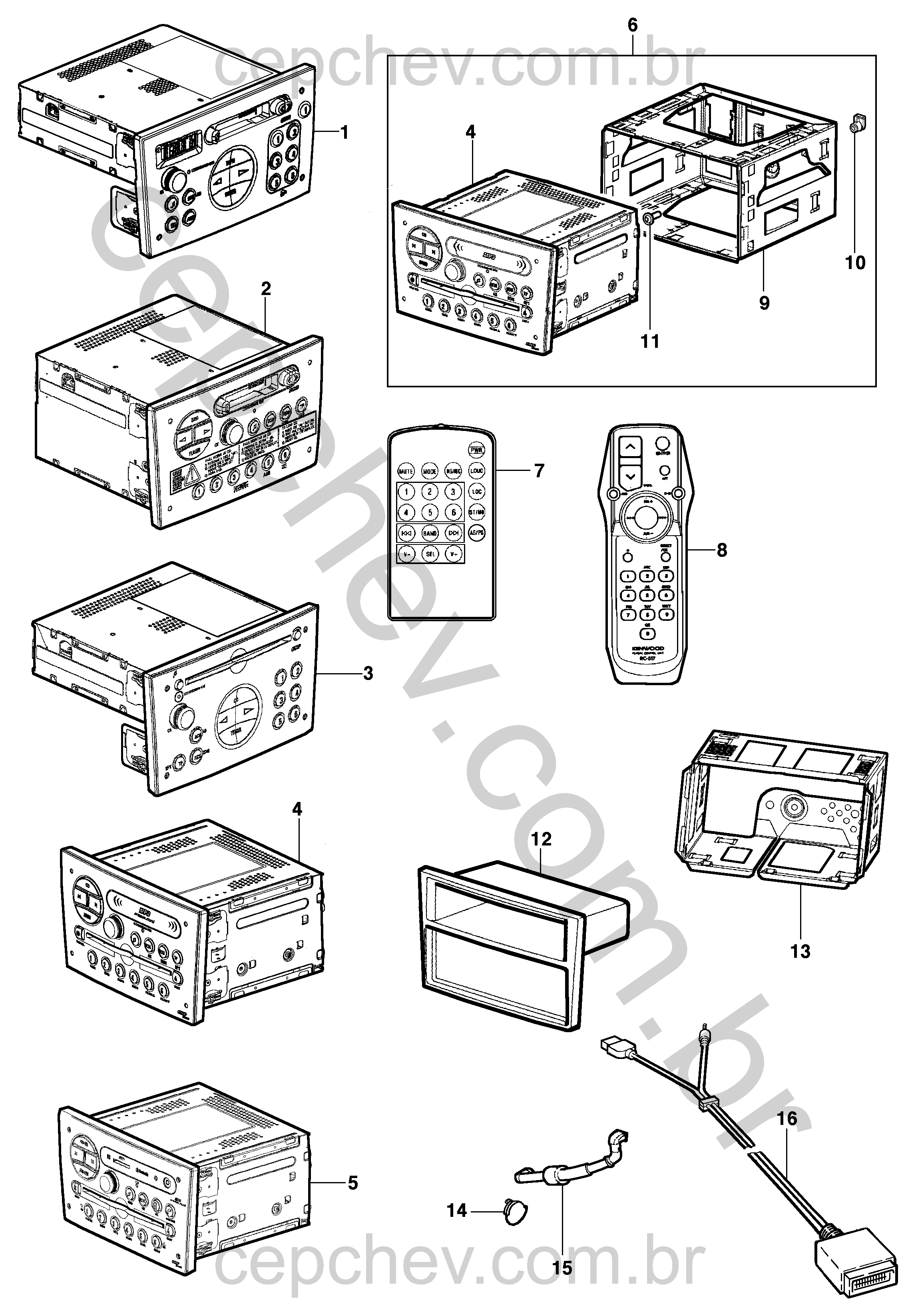 Rádio AM/FM estéreo com CD, toca-fitas e acessórios de instalação