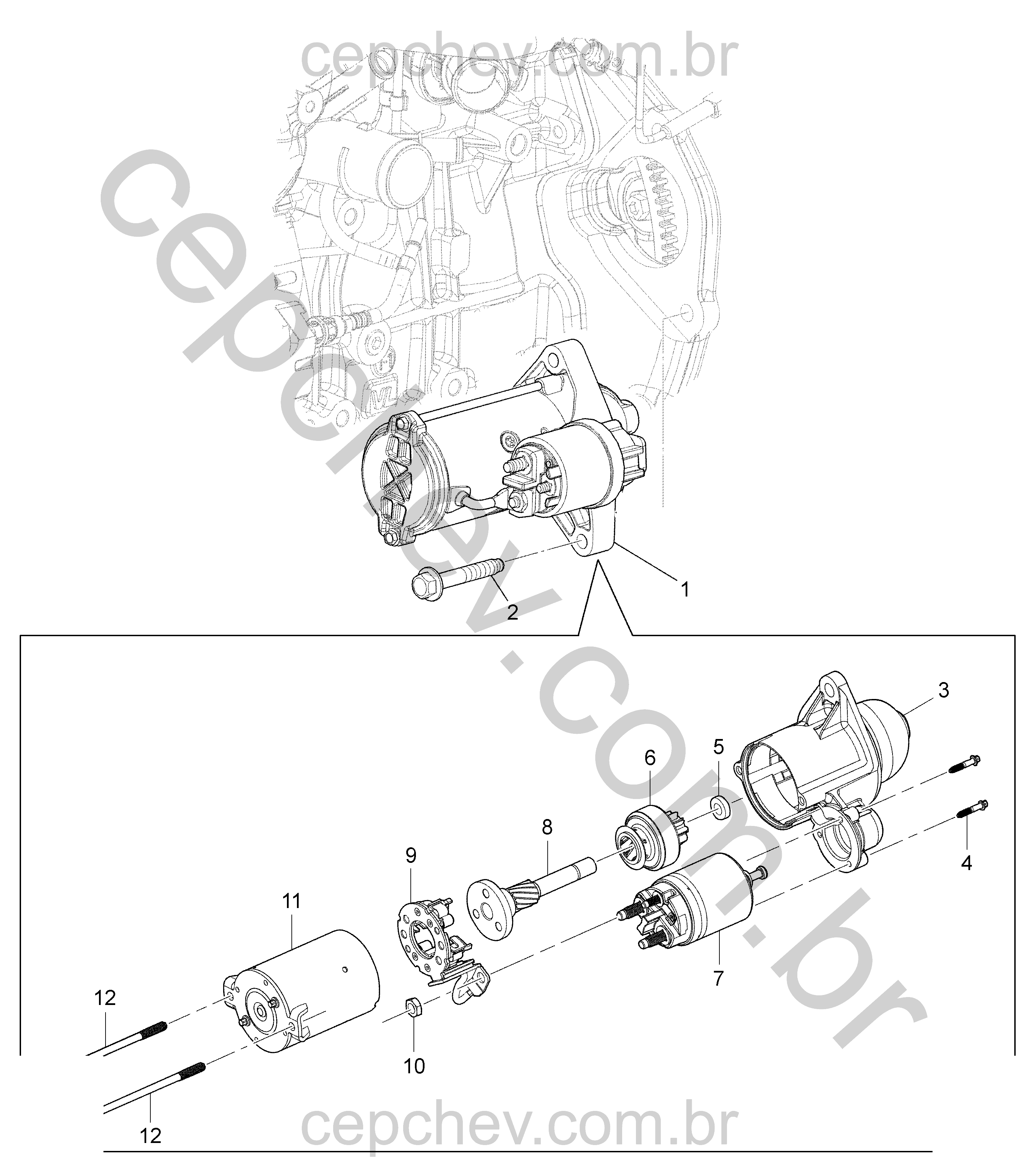 Motor partida com acionador, solenoide, escova e chicote de fiação