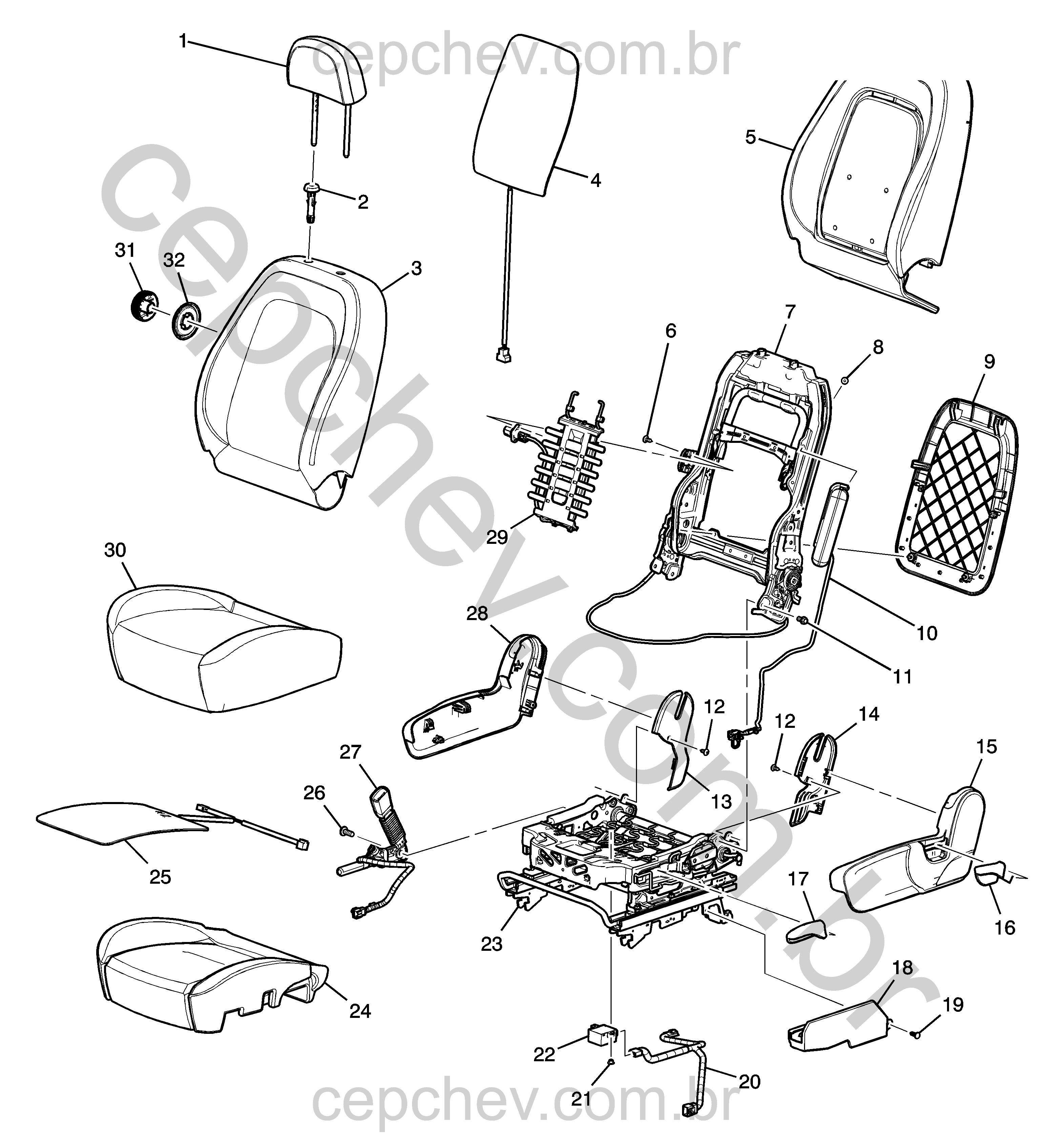 Conjunto banco motorista com aquecedor, ajuste, airbag lateral e acessórios