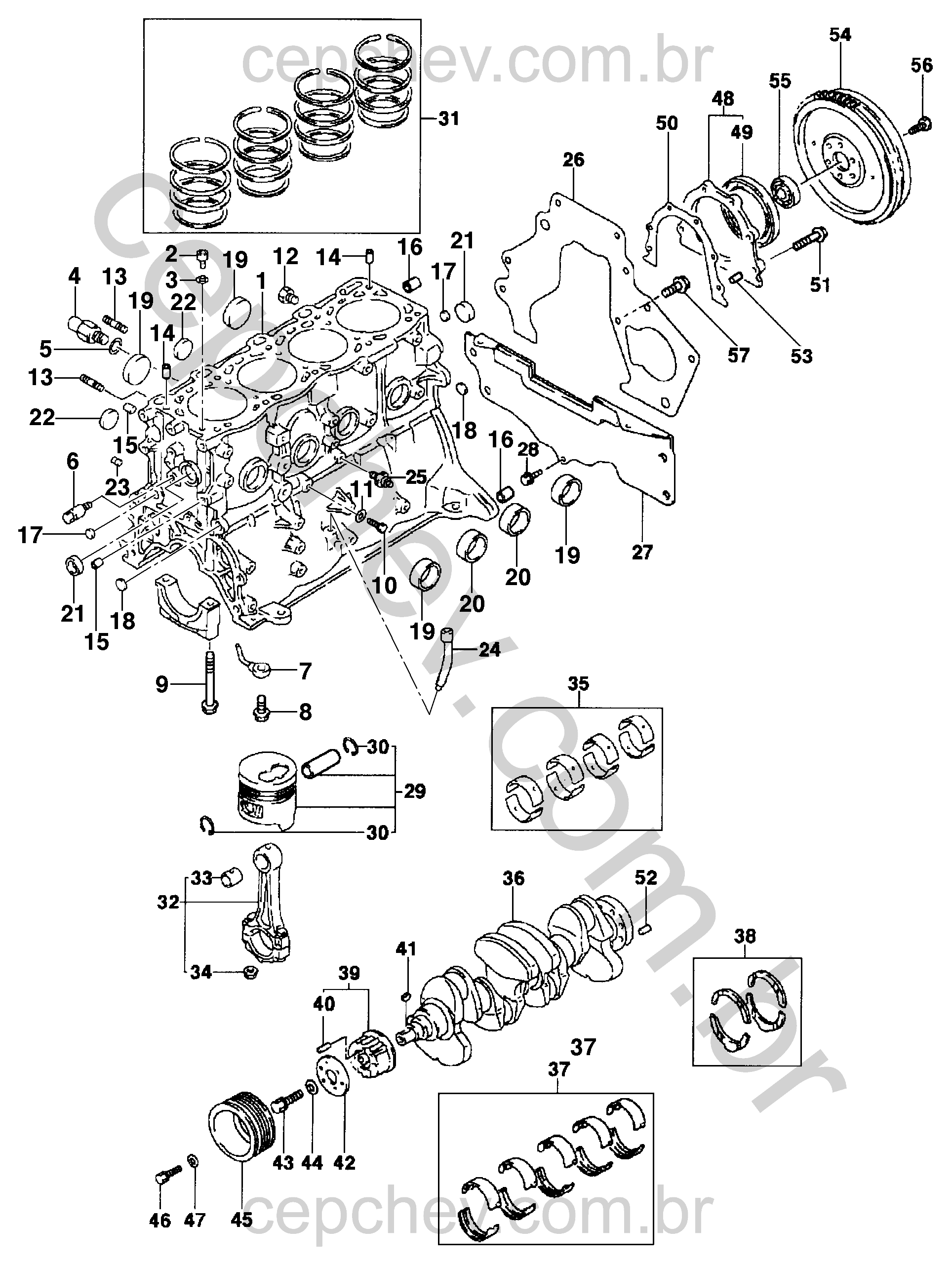 Bloco do motor diesel (2001) e componentes internos essenciais
