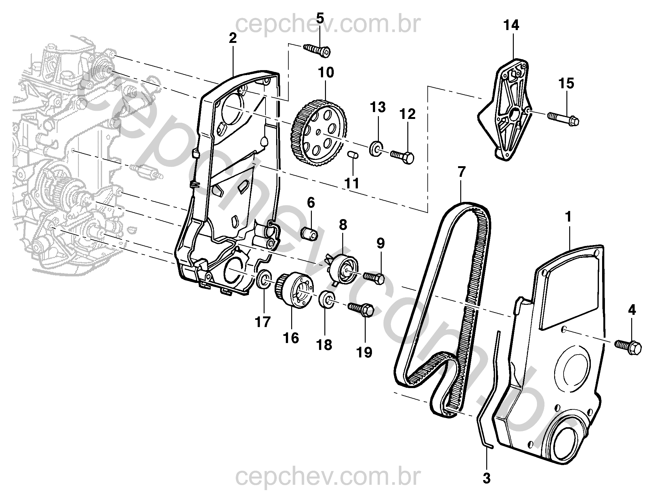 Distribuição do motor 8V e componentes da correia dentada