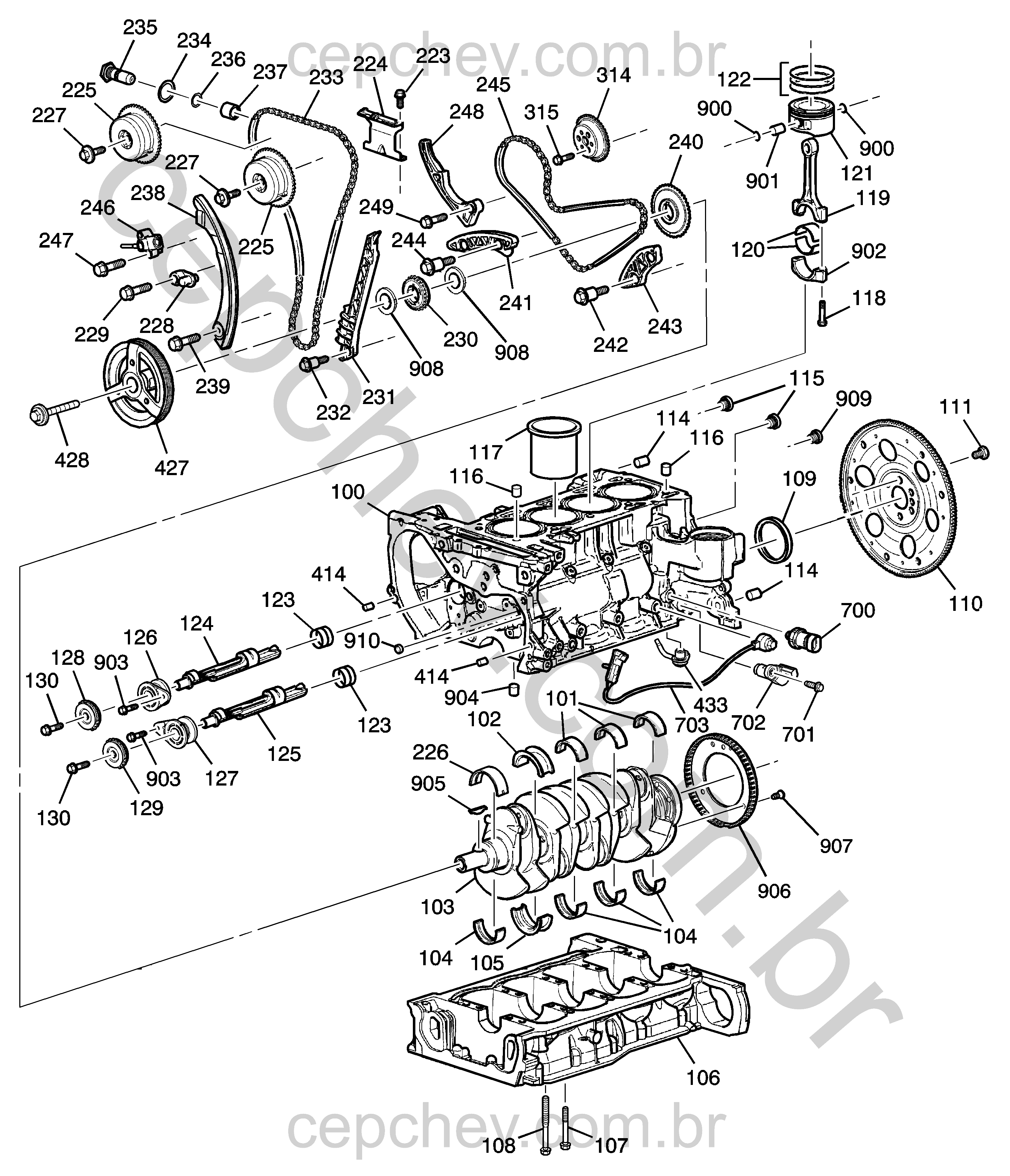 Conjunto motor 2.4L L4 bloco e peças internas essenciais