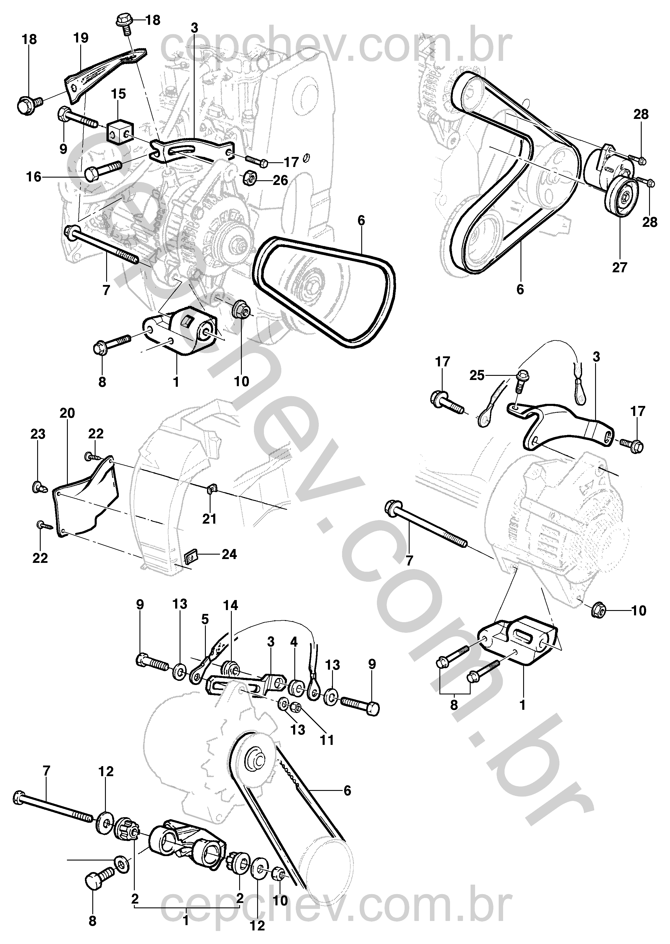 Fixação e suporte do alternador sem ar-condicionado