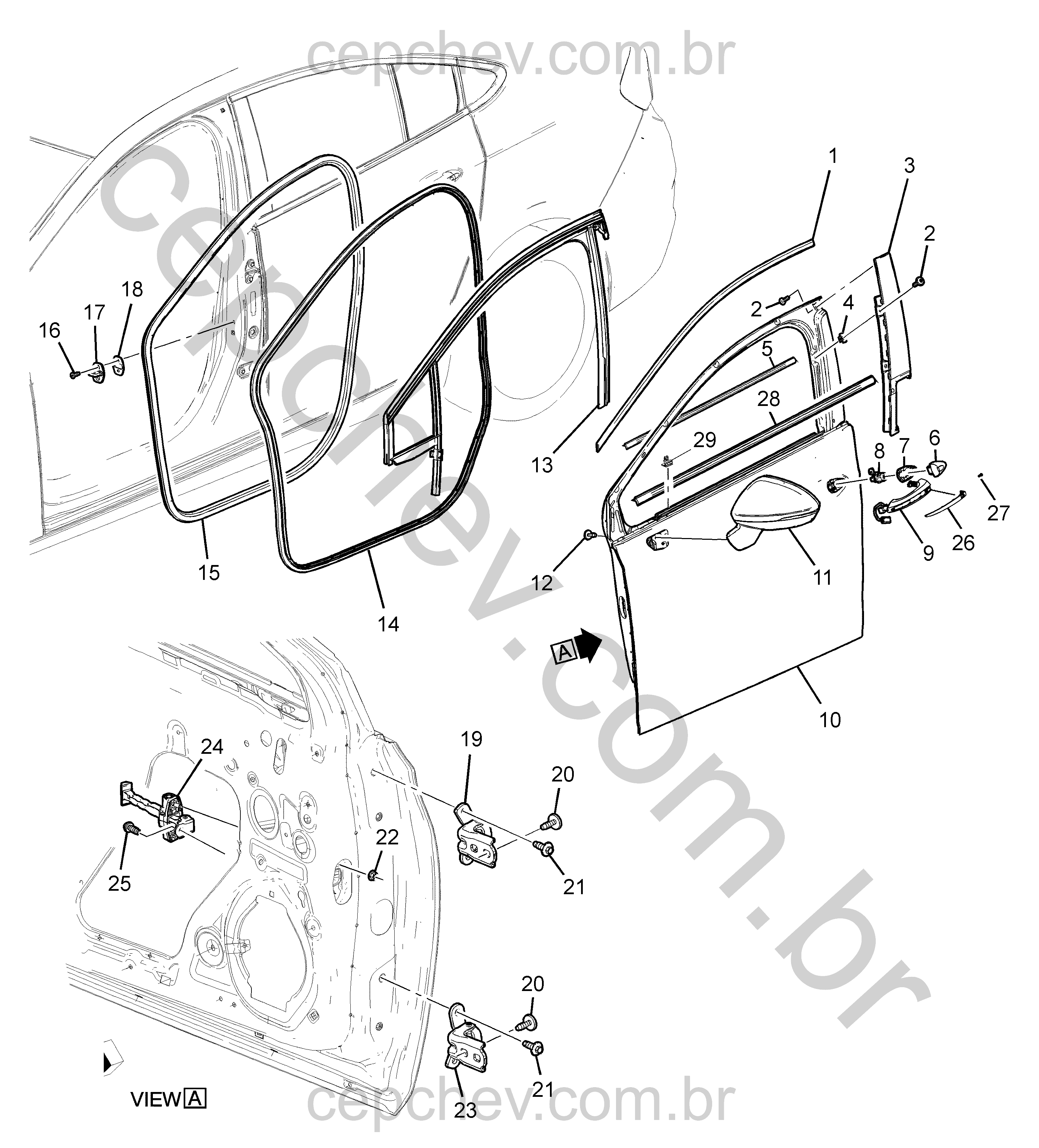 Componentes da porta dianteira (2016–2023) com vedação, maçaneta e retrovisor externo