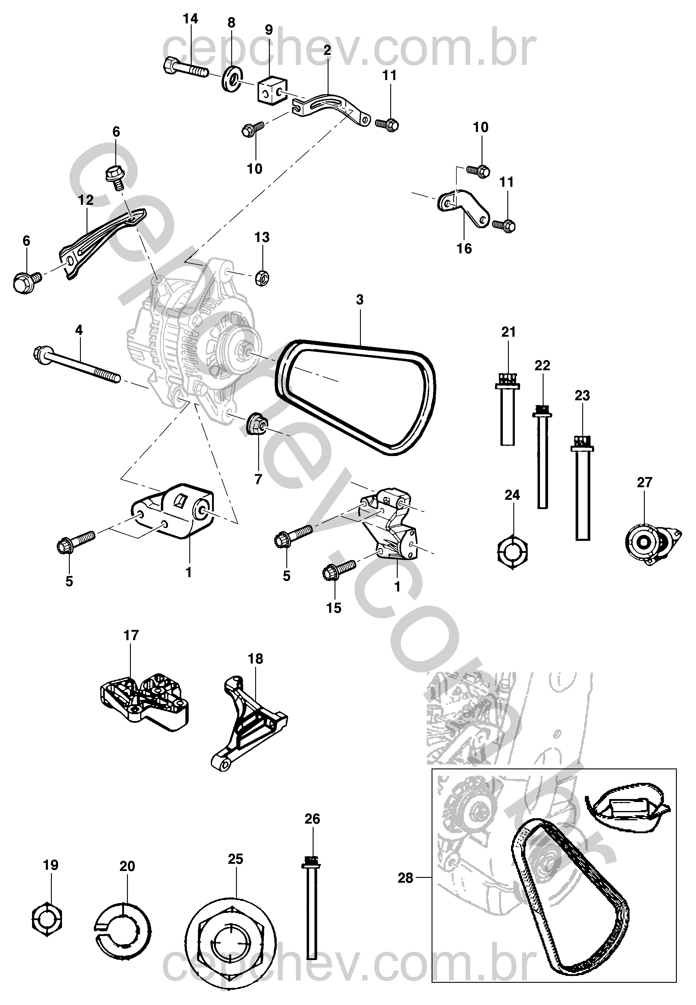 Fixação e suporte do alternador com correia e tensionador (2007–2010)