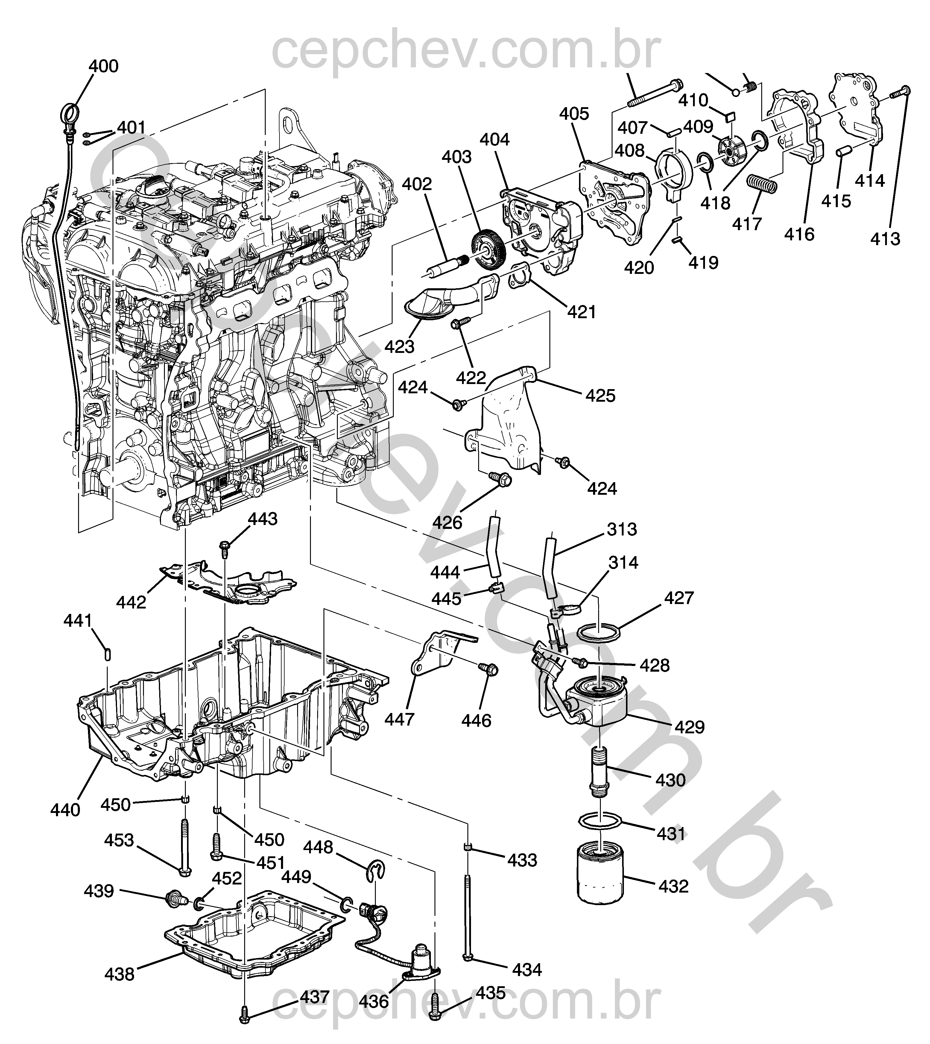 Bomba de óleo, cárter e peças relacionadas do motor 2.0L (2018–2019)