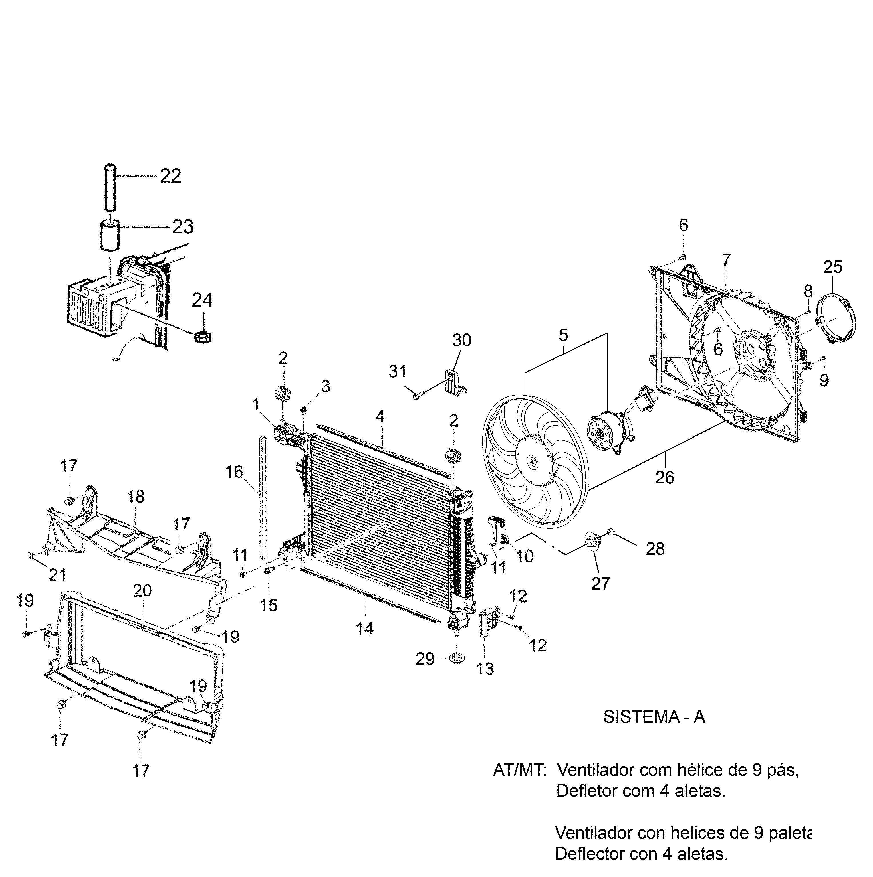 Montagem e peças do radiador e ventilador de arrefecimento do motor Denso