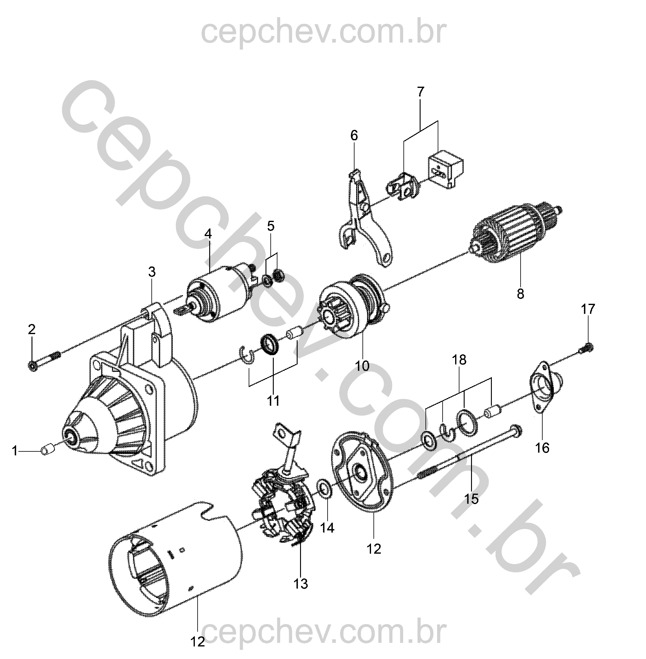 Motor de partida e componentes elétricos para acionamento e relé
