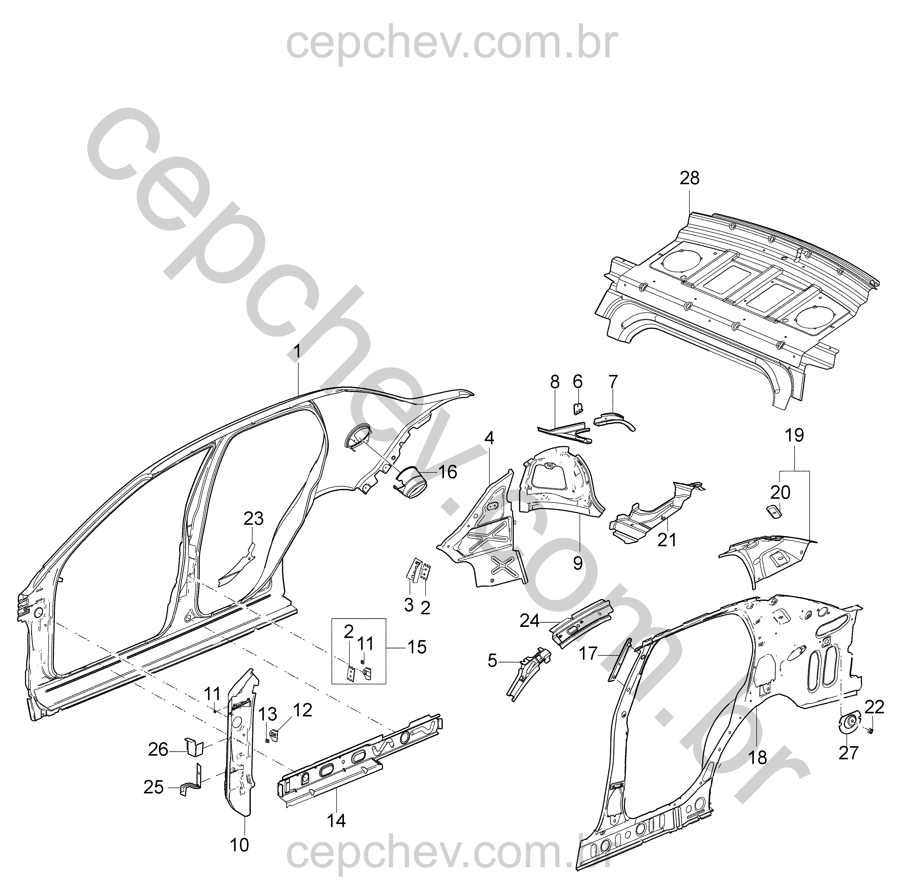 Chapa metal e painéis laterais da carroceria (Prisma) (2007–2010)