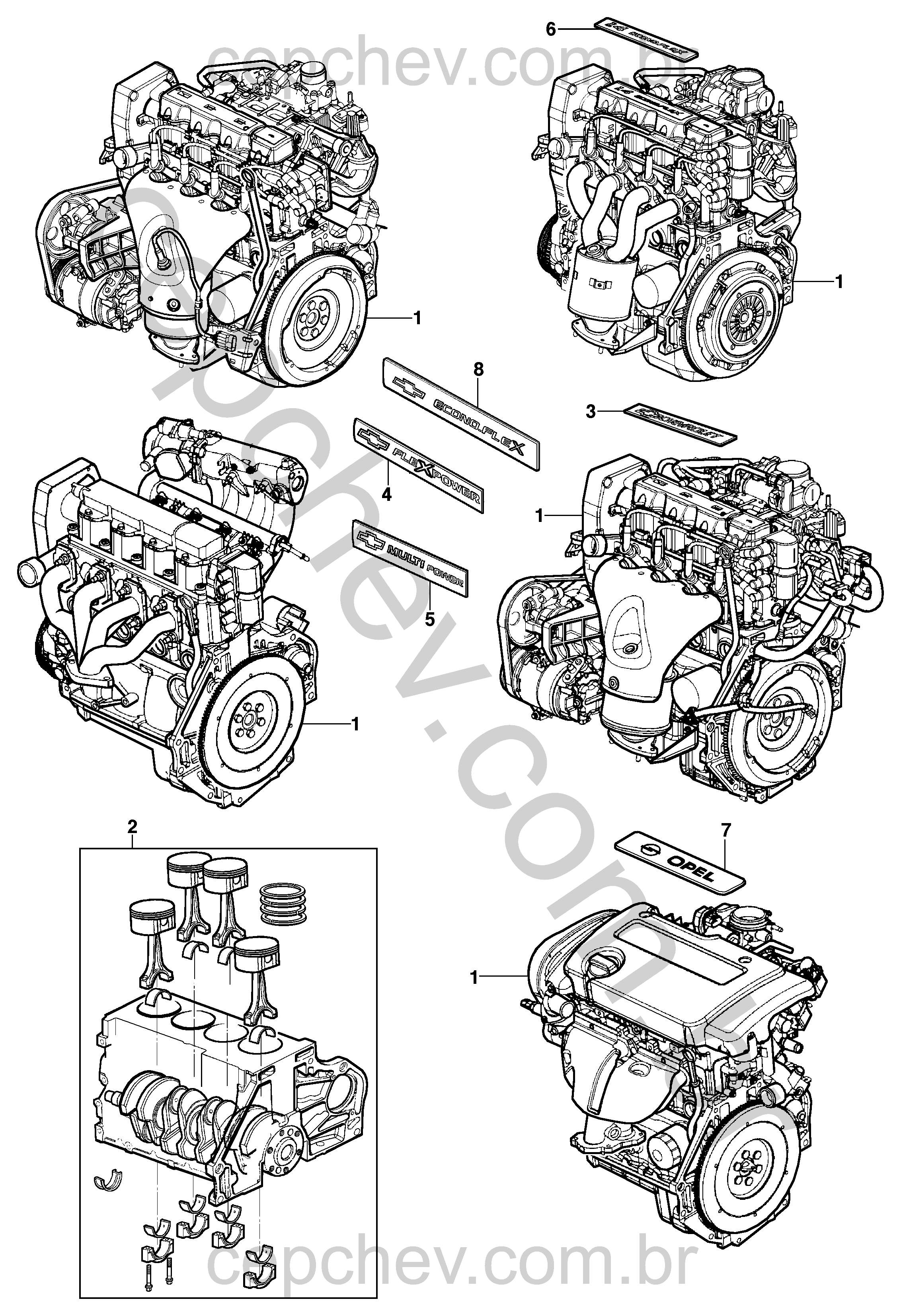Motor completo e parcial gasolina e álcool 8V com moldura da cobertura da árvore de comando