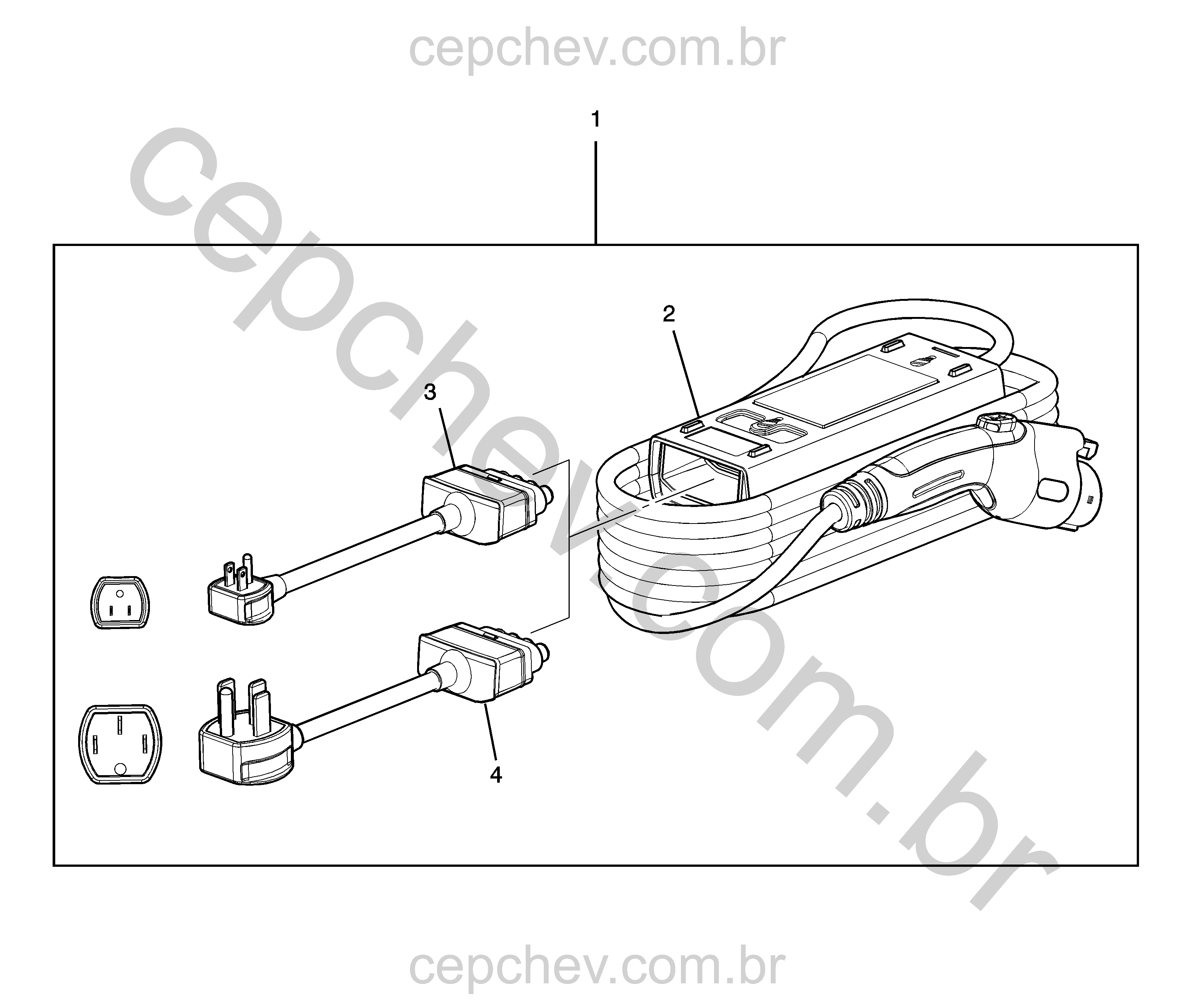 Cabo de carregamento portátil com bujões intercambiáveis e acessórios elétricos