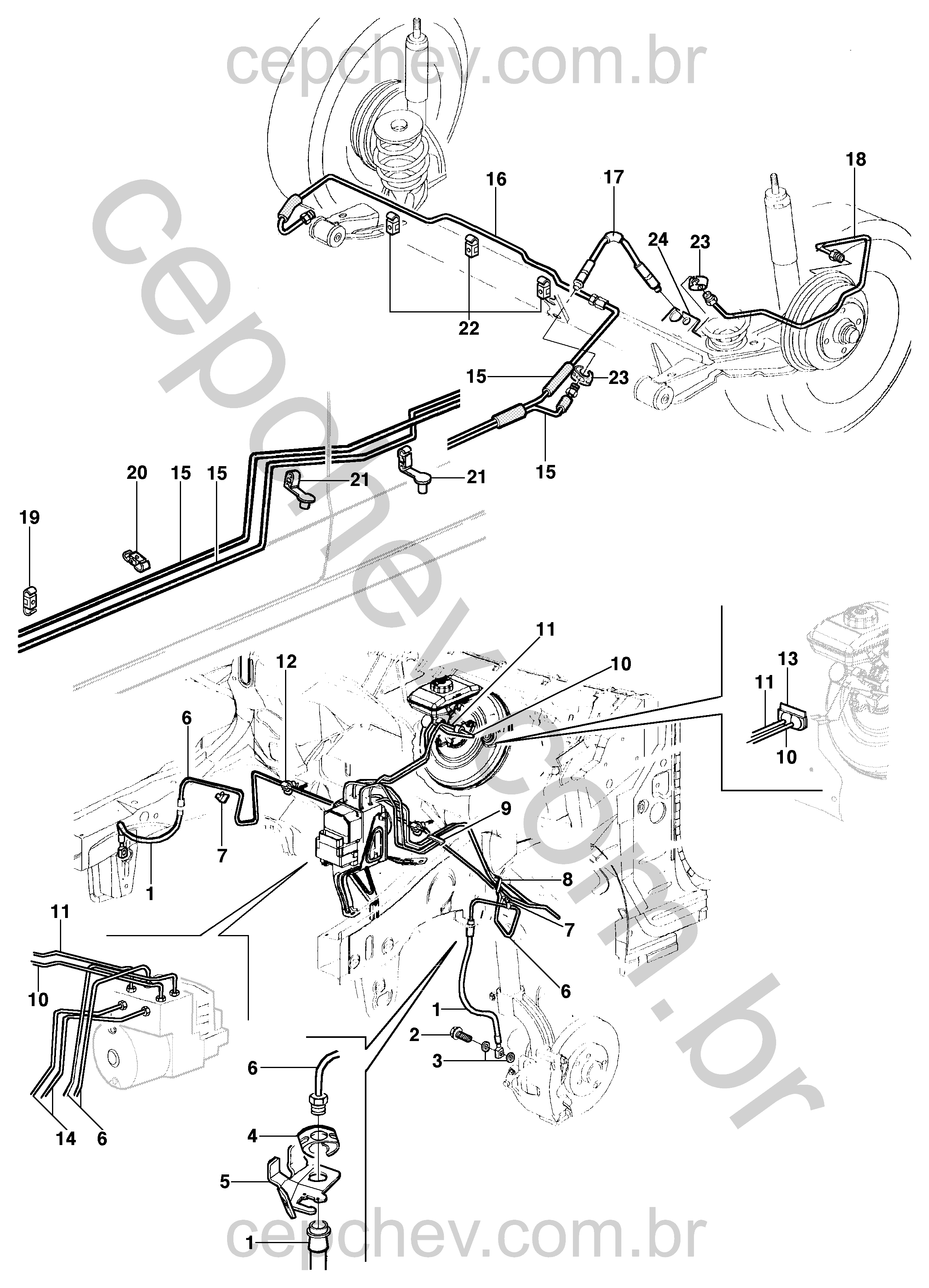 Linha de freio com ABS para sedan e hatch com tubos, mangueiras e suportes.