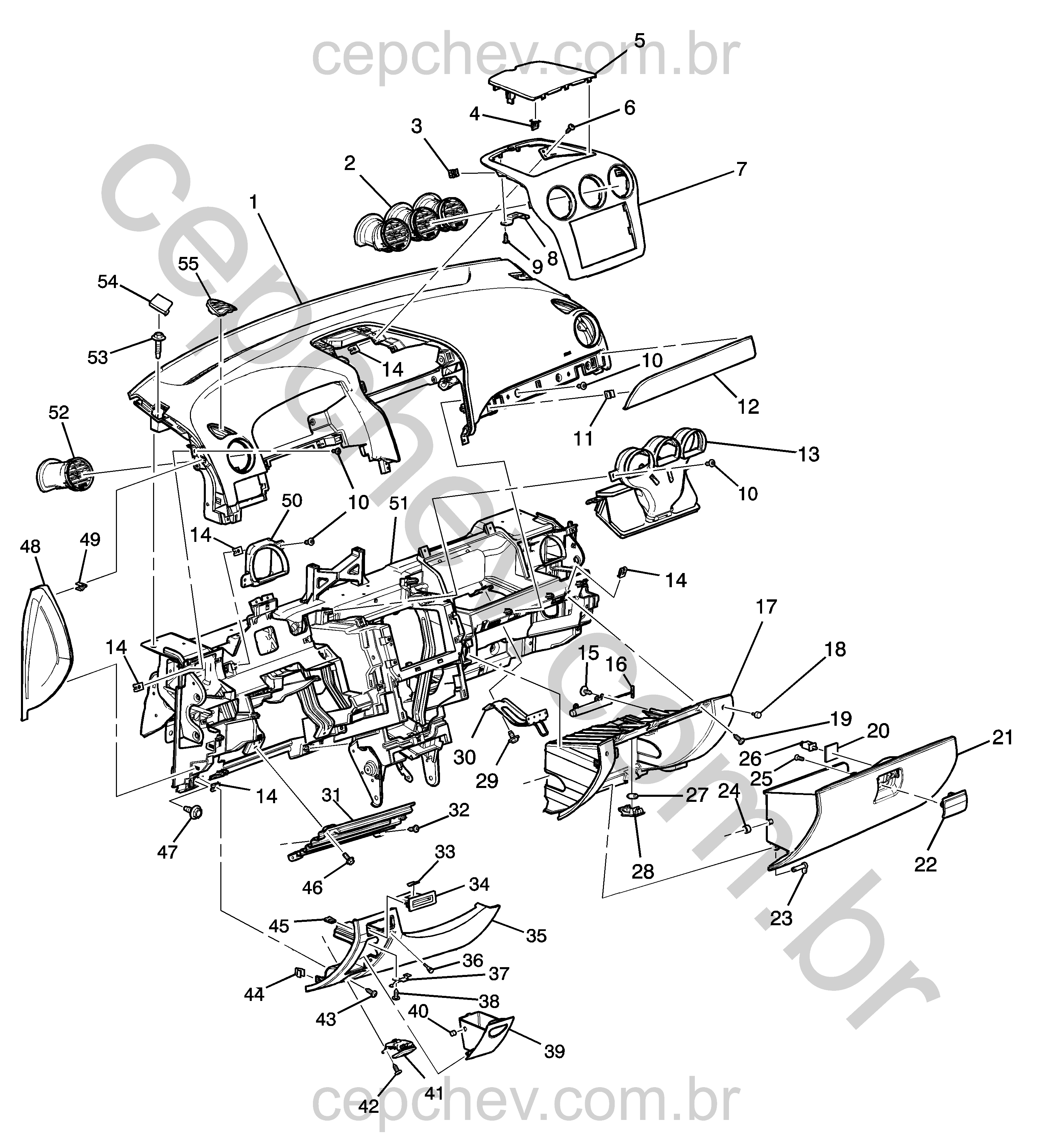 Painel de instrumentos e acabamento superior (2008) com porta-luvas e saídas de ar