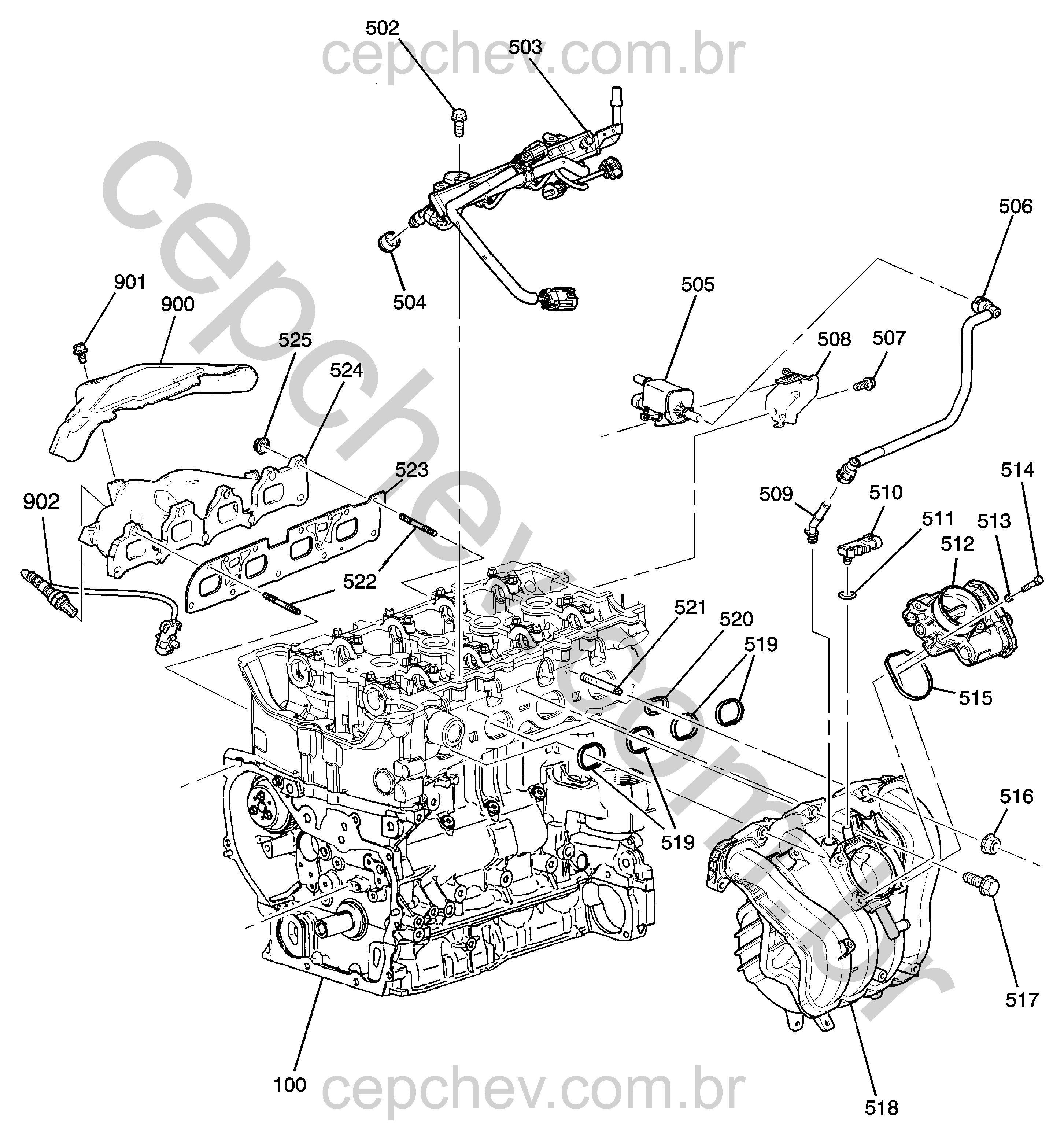 Conjunto motor 2.4L L4 coletores e sistema de combustível (2012)