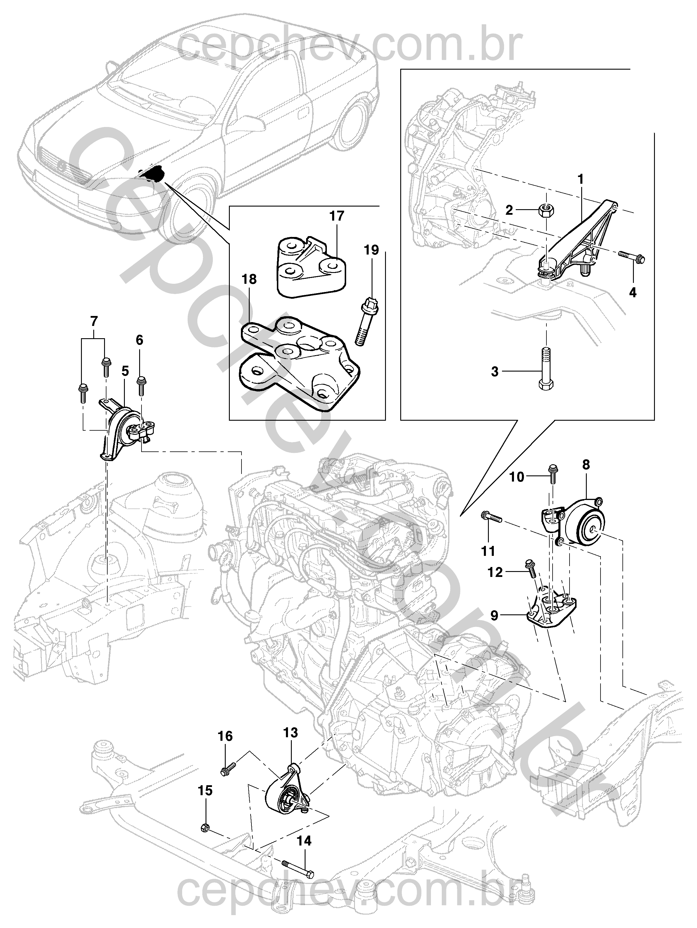 Fixação e suportes do motor para transmissão automática