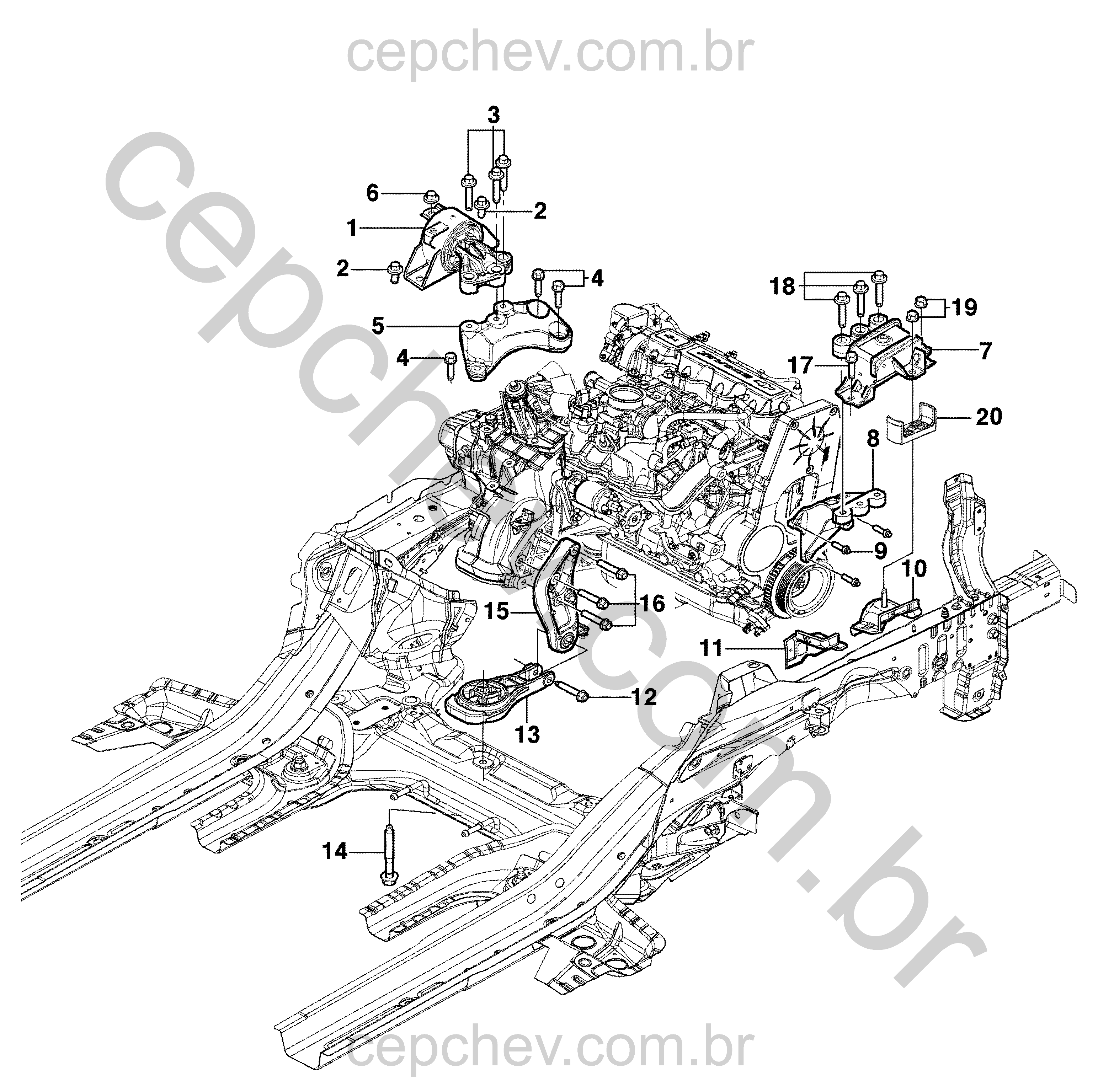 Montagem do motor e transmissão com suportes, coxins e fixações diversas