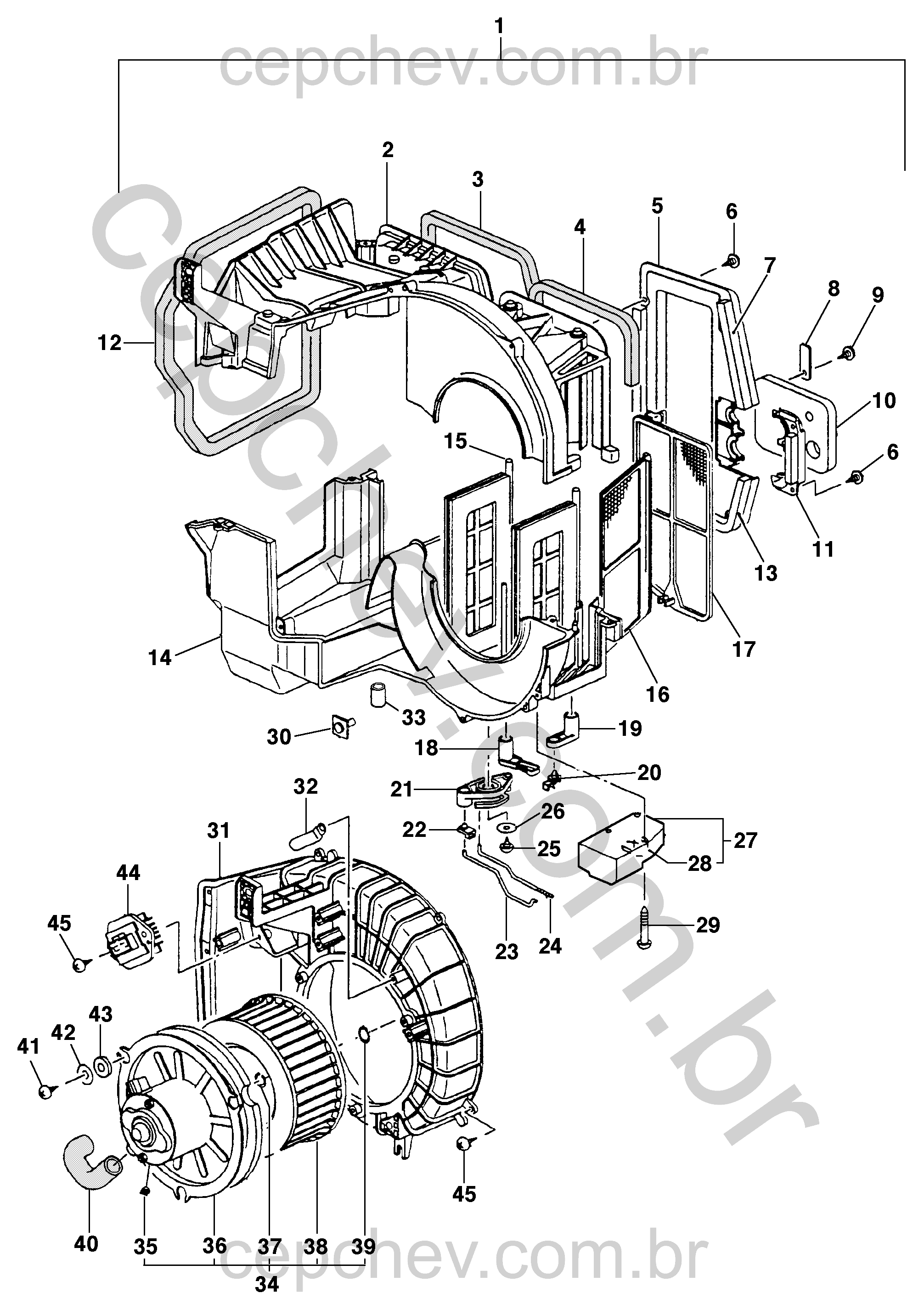 Motor do ventilador e aquecedor modelo 15 com módulo e componentes auxiliares