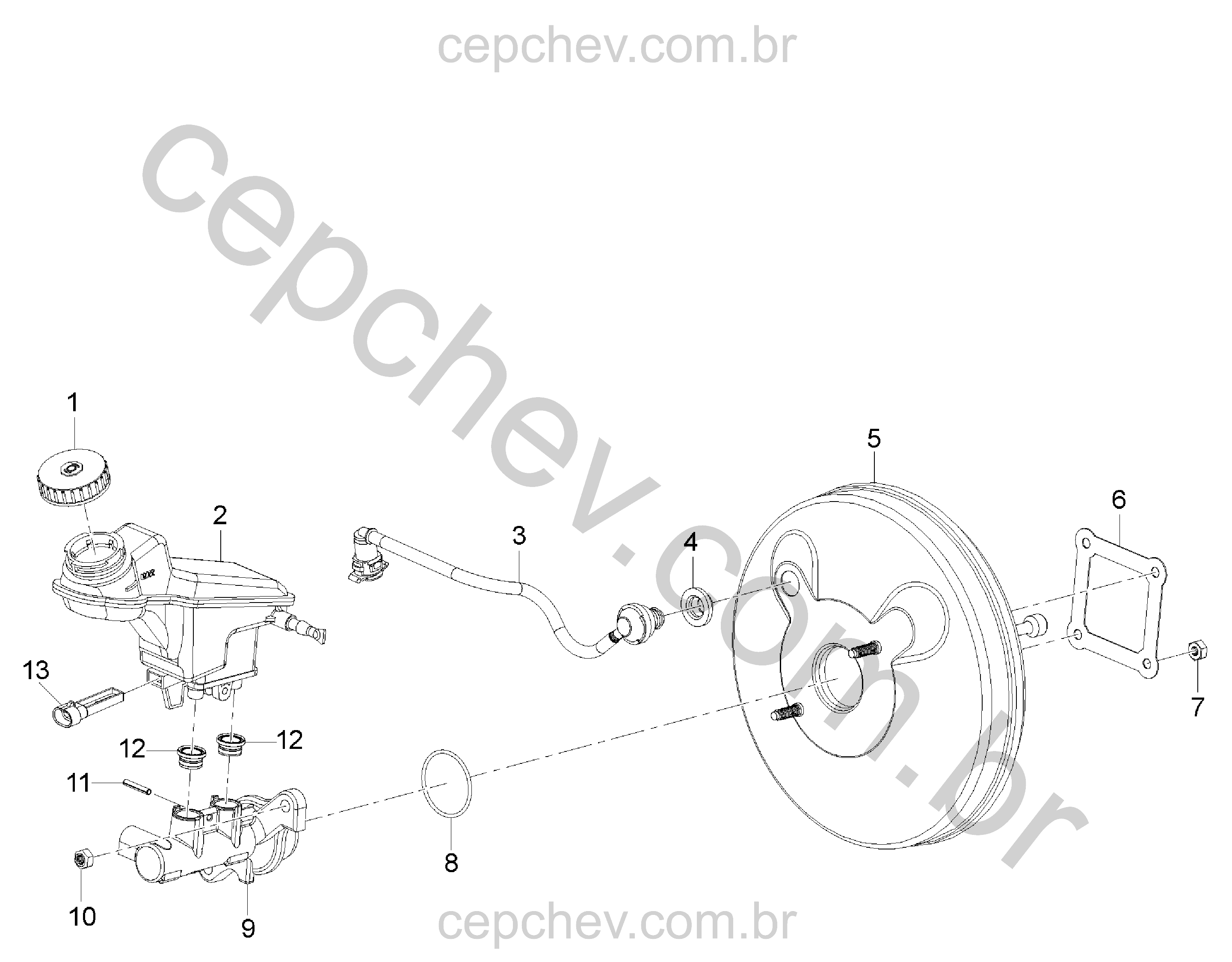 Servomotor e cilindro mestre do freio com reservatório e acessórios completos
