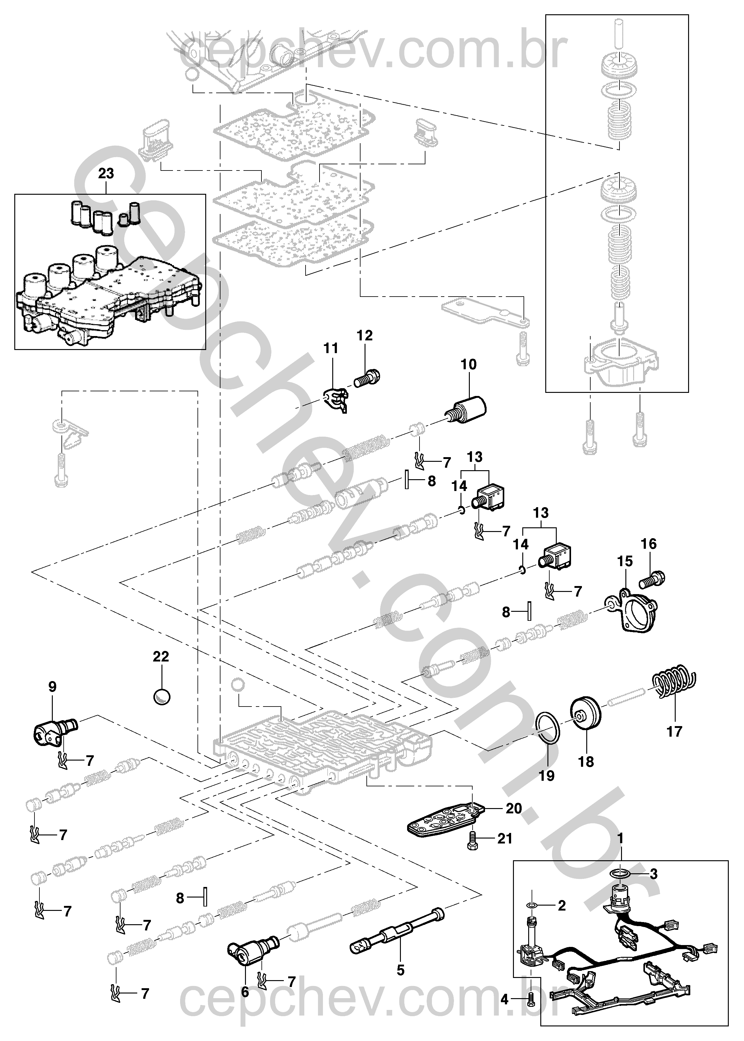 Controle do corpo de válvulas e componentes do conversor de torque
