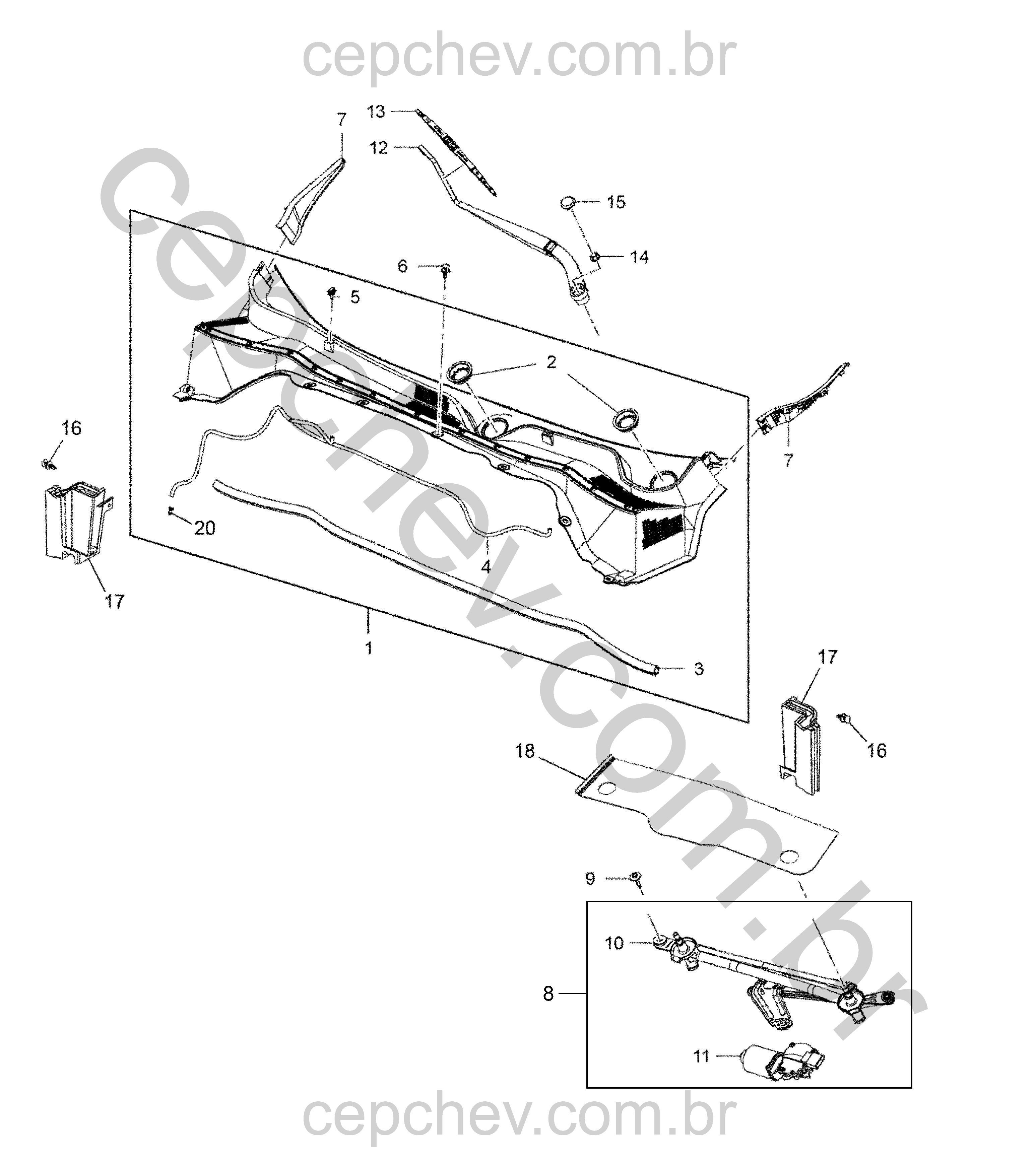 Sistema limpador e motor do para-brisa com braços e bicos lavadores