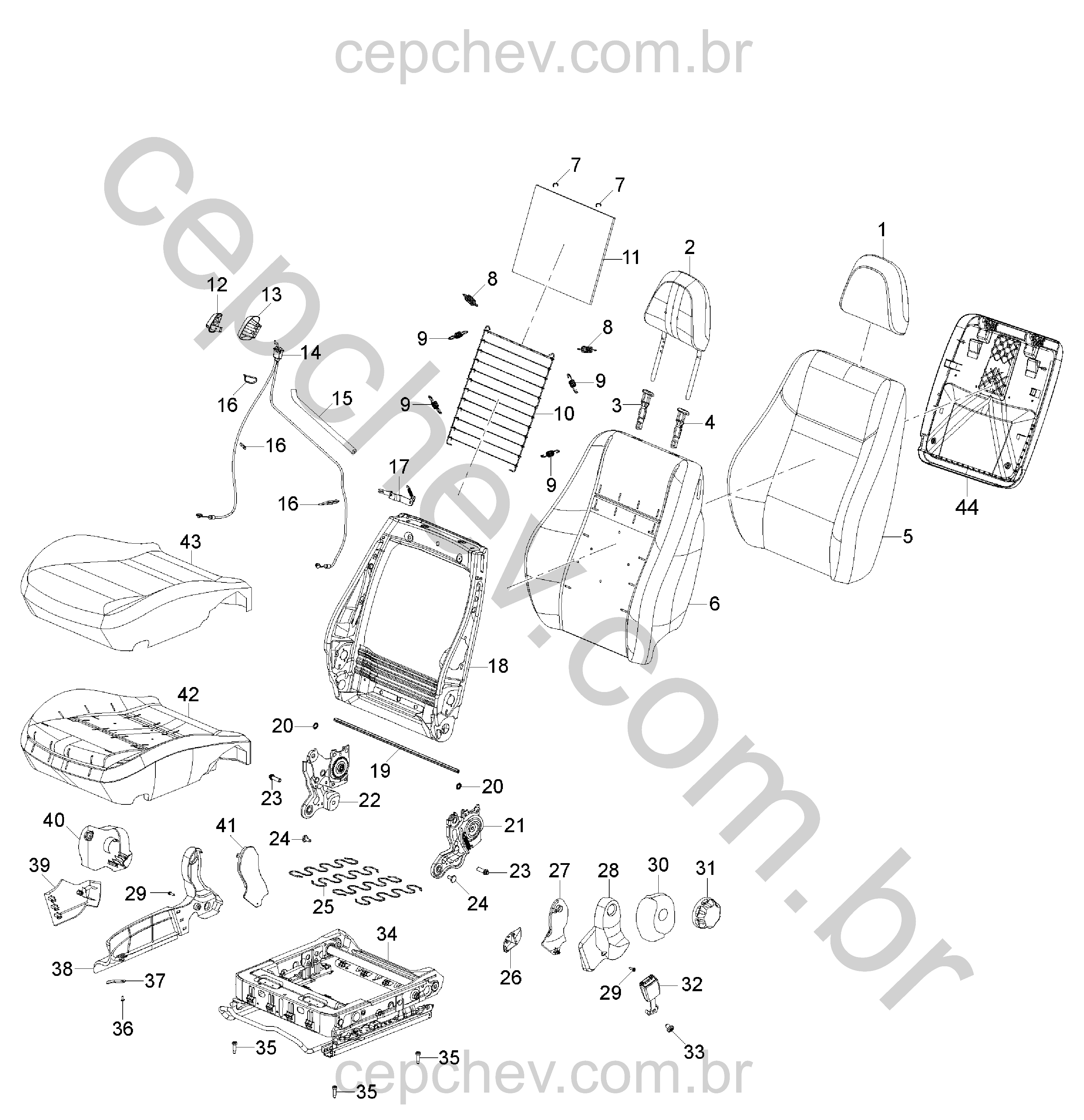 Conjunto banco dianteiro passageiros (2011–2013) com estrutura, almofadas e ajustes