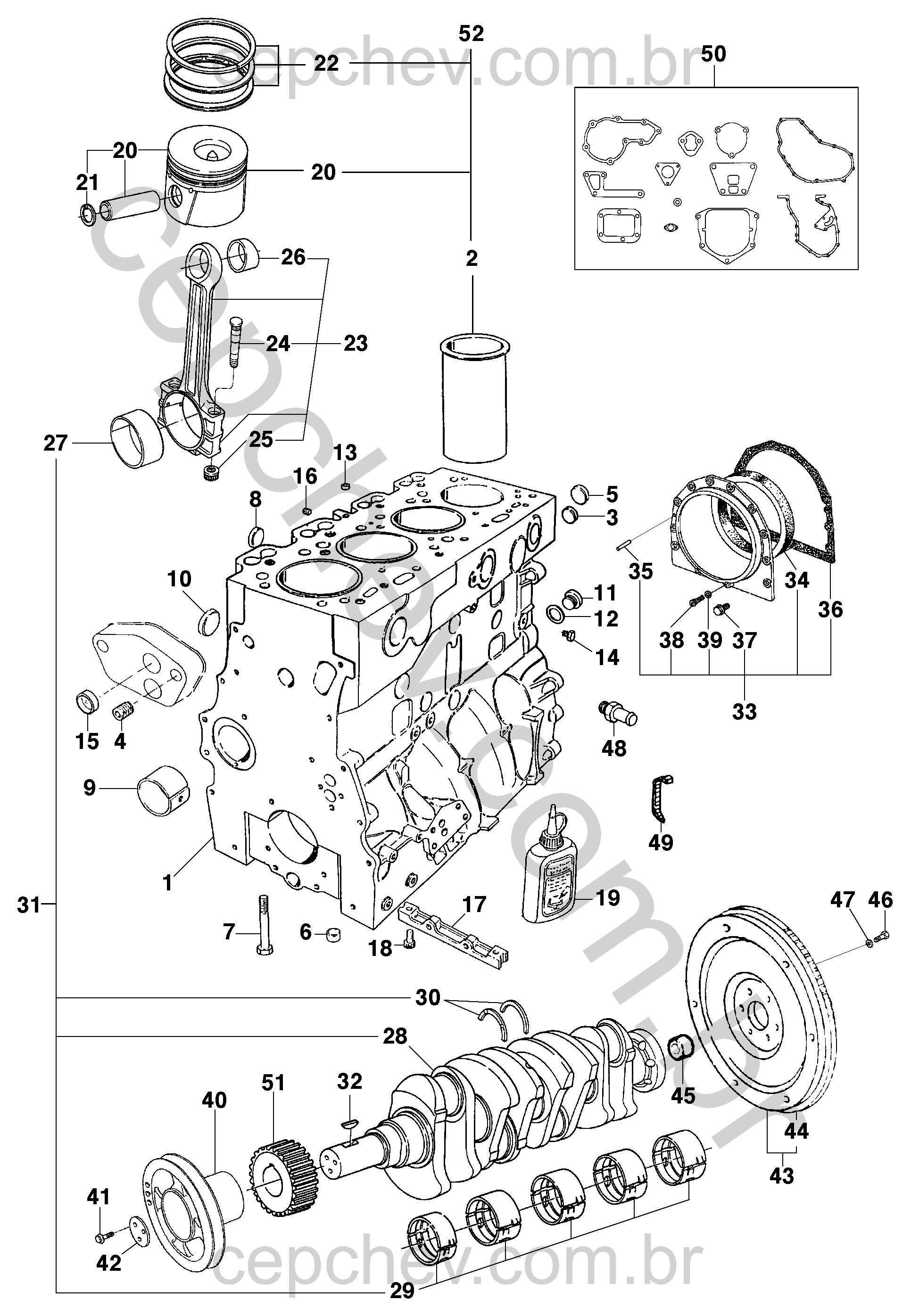 Bloco do motor diesel L4A Maxion com peças internas e juntas essenciais
