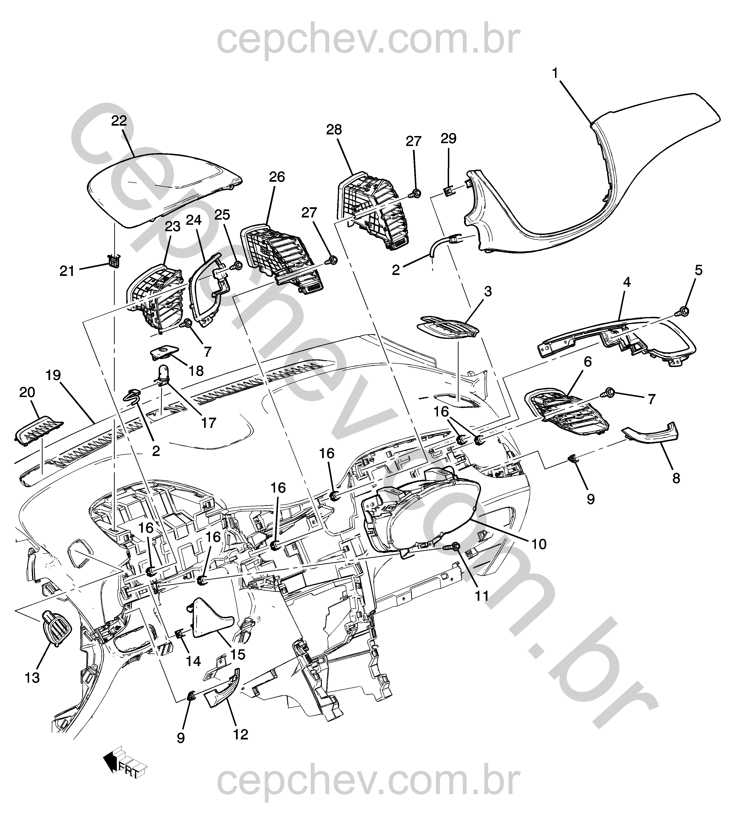Painel de instrumentos superior com acabamento, molduras e saídas de ar integradas