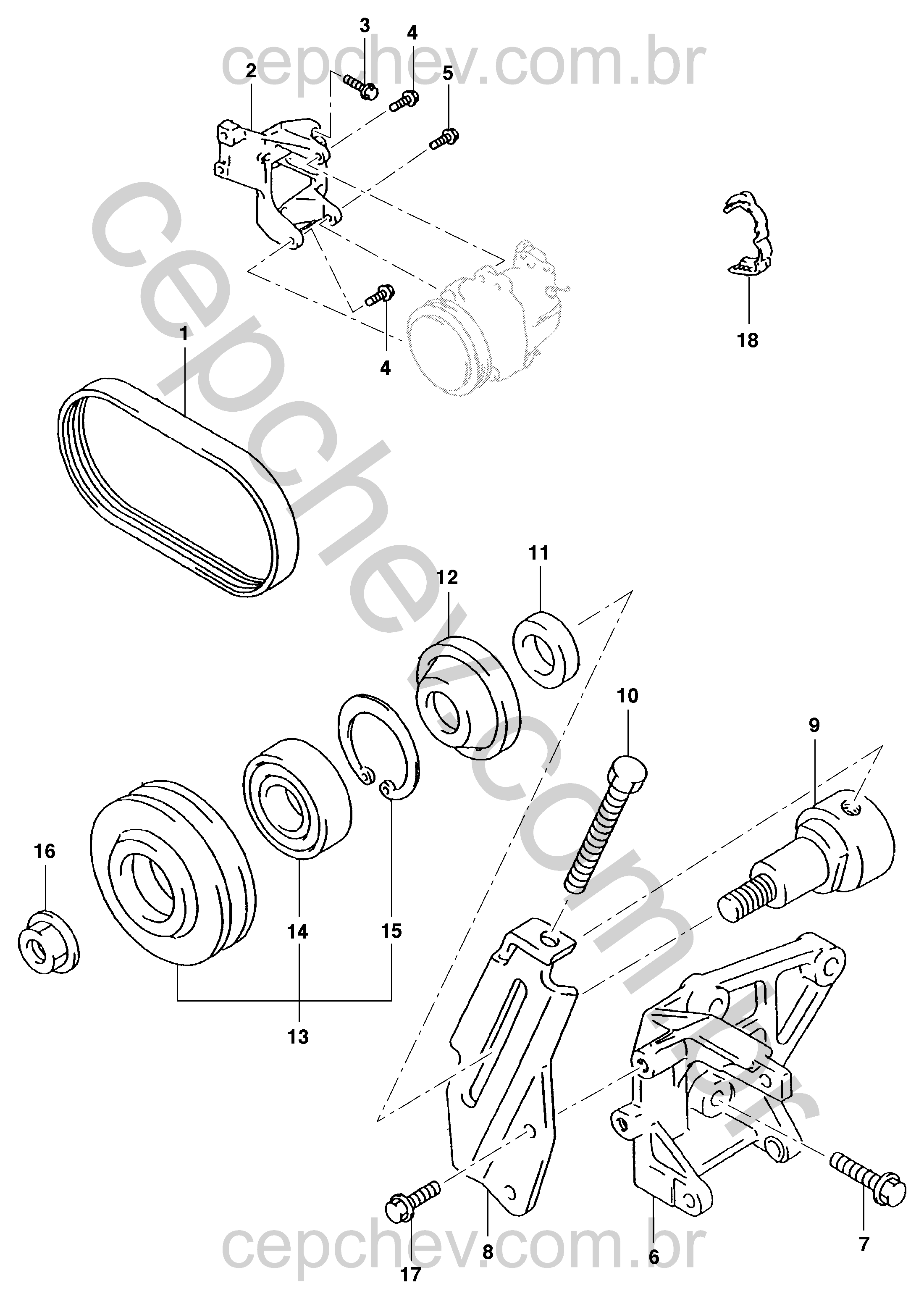 Fixação e suporte do compressor do ar-condicionado (2001–2007)