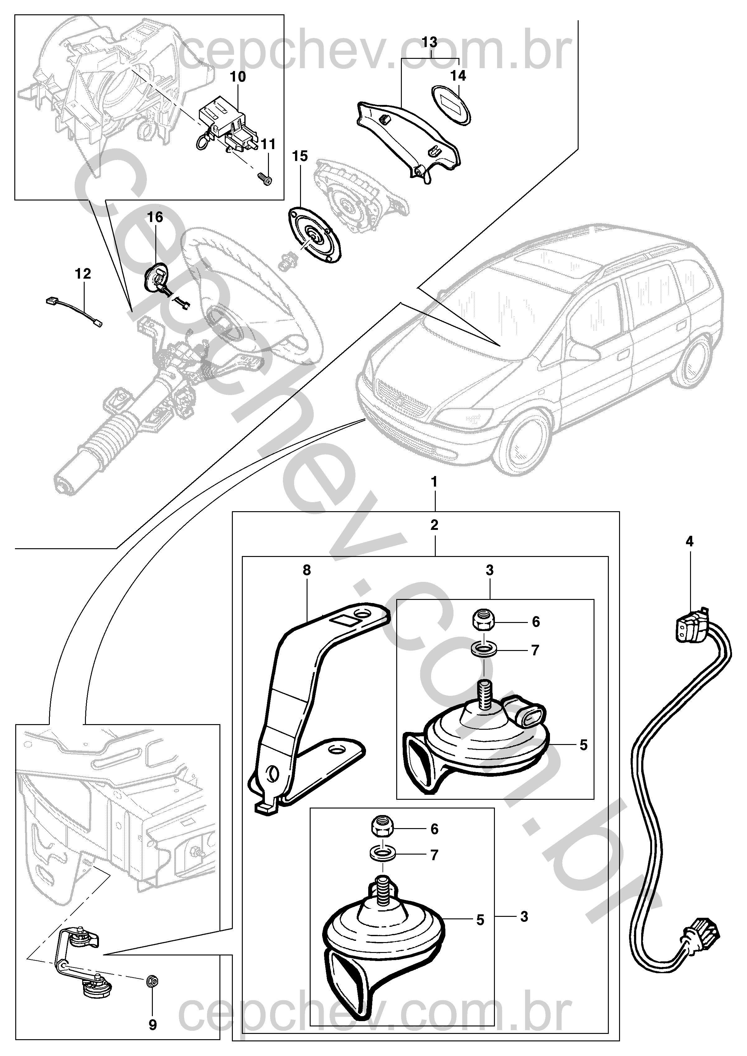 Buzina e componentes elétricos para volante da direção (Zafira)