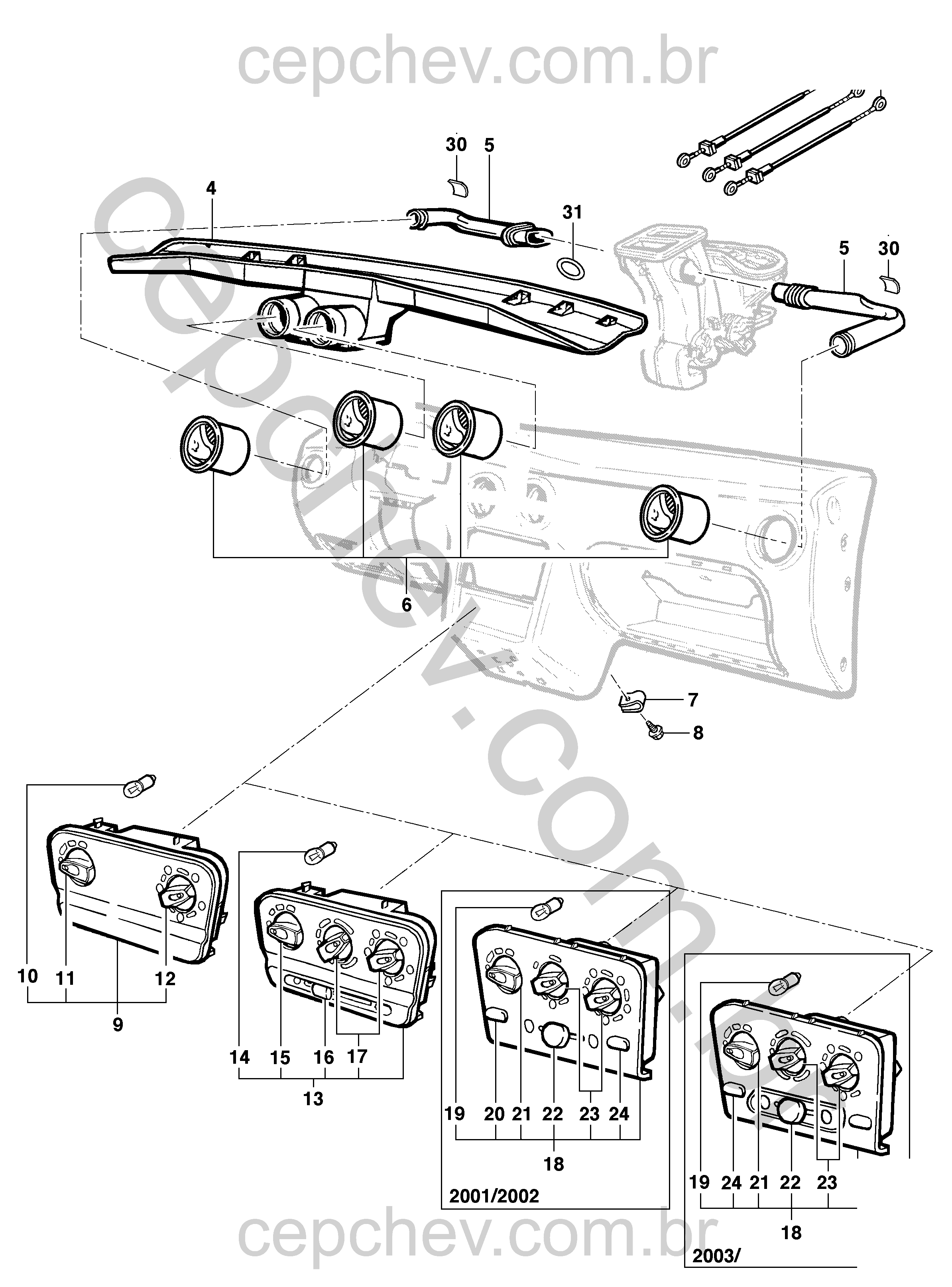 Distribuidor ar, controle e dutos de ventilação e aquecedor (2001–2006)