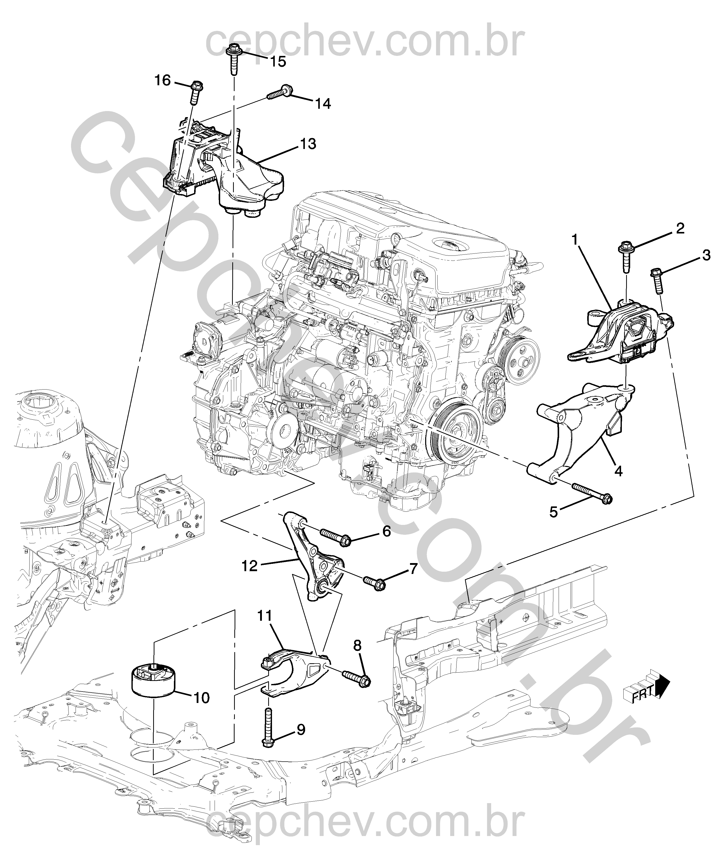 Montagem do motor e transmissão automática com suportes e fixações