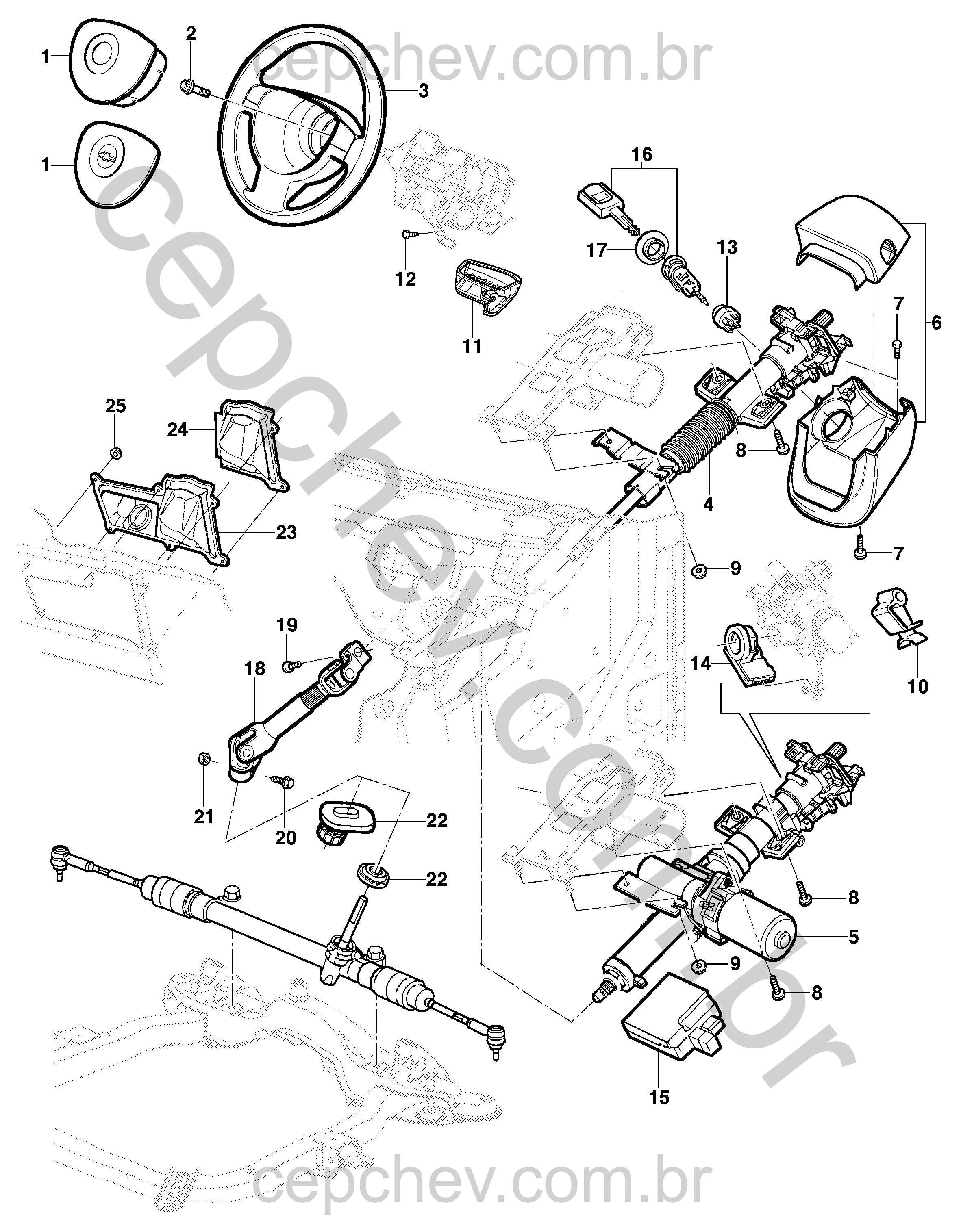Coluna e volante da direção para sedan, hatch e pick-up