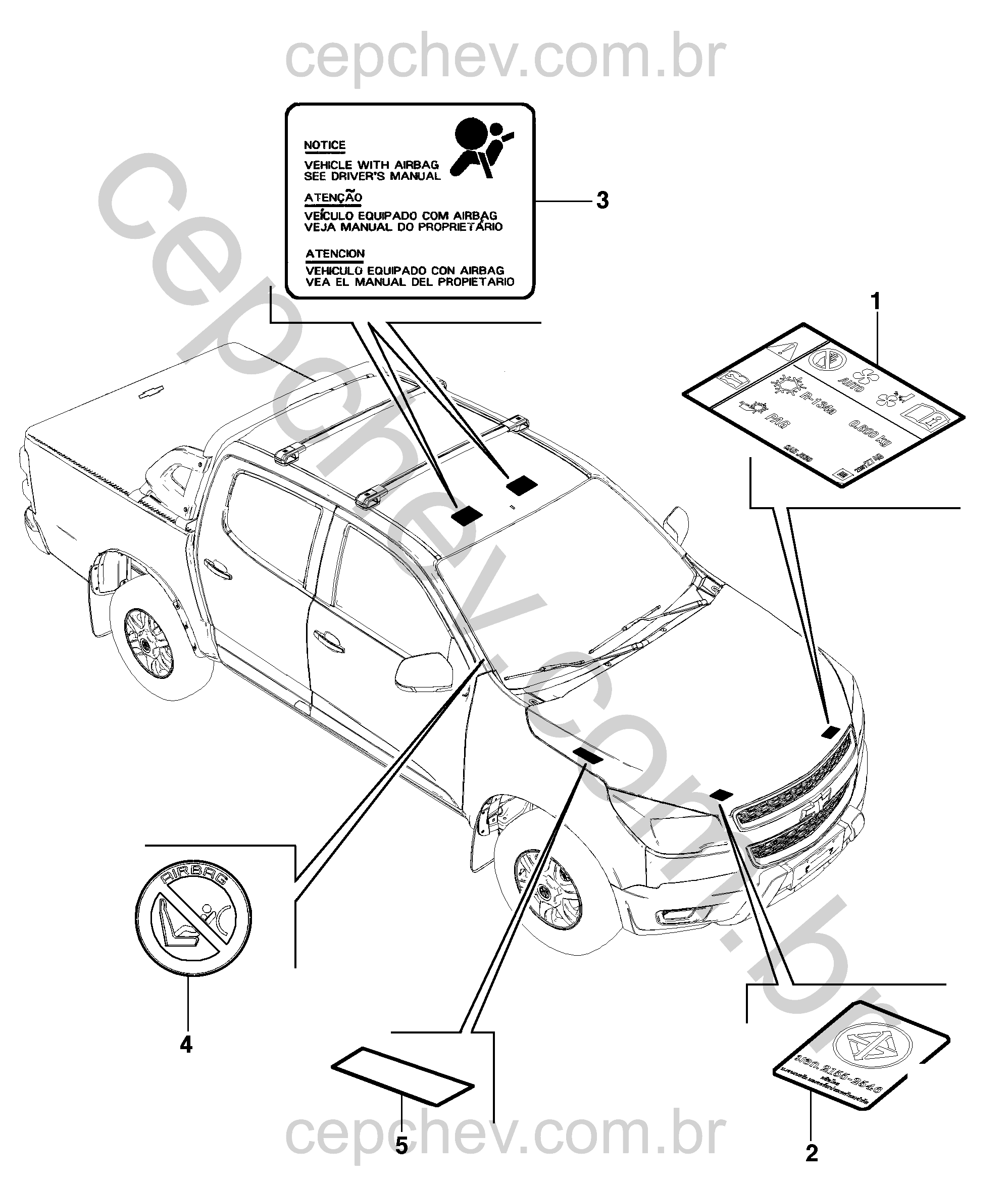 Etiquetas e fiação elétrica para cabine dupla e sistema airbag