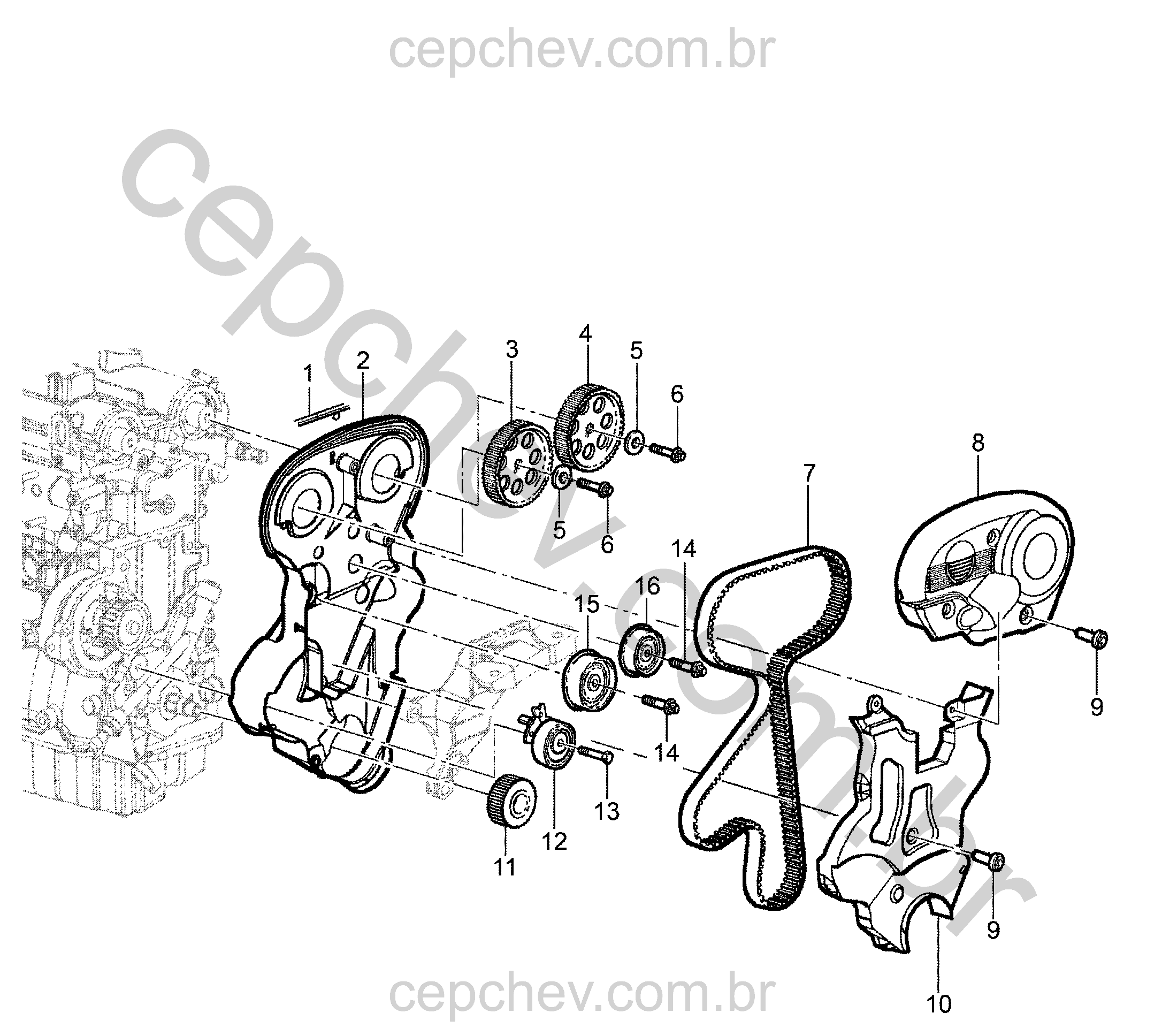 Correia e componentes da distribuição para motor 16 válvulas (L91, L45, L95)