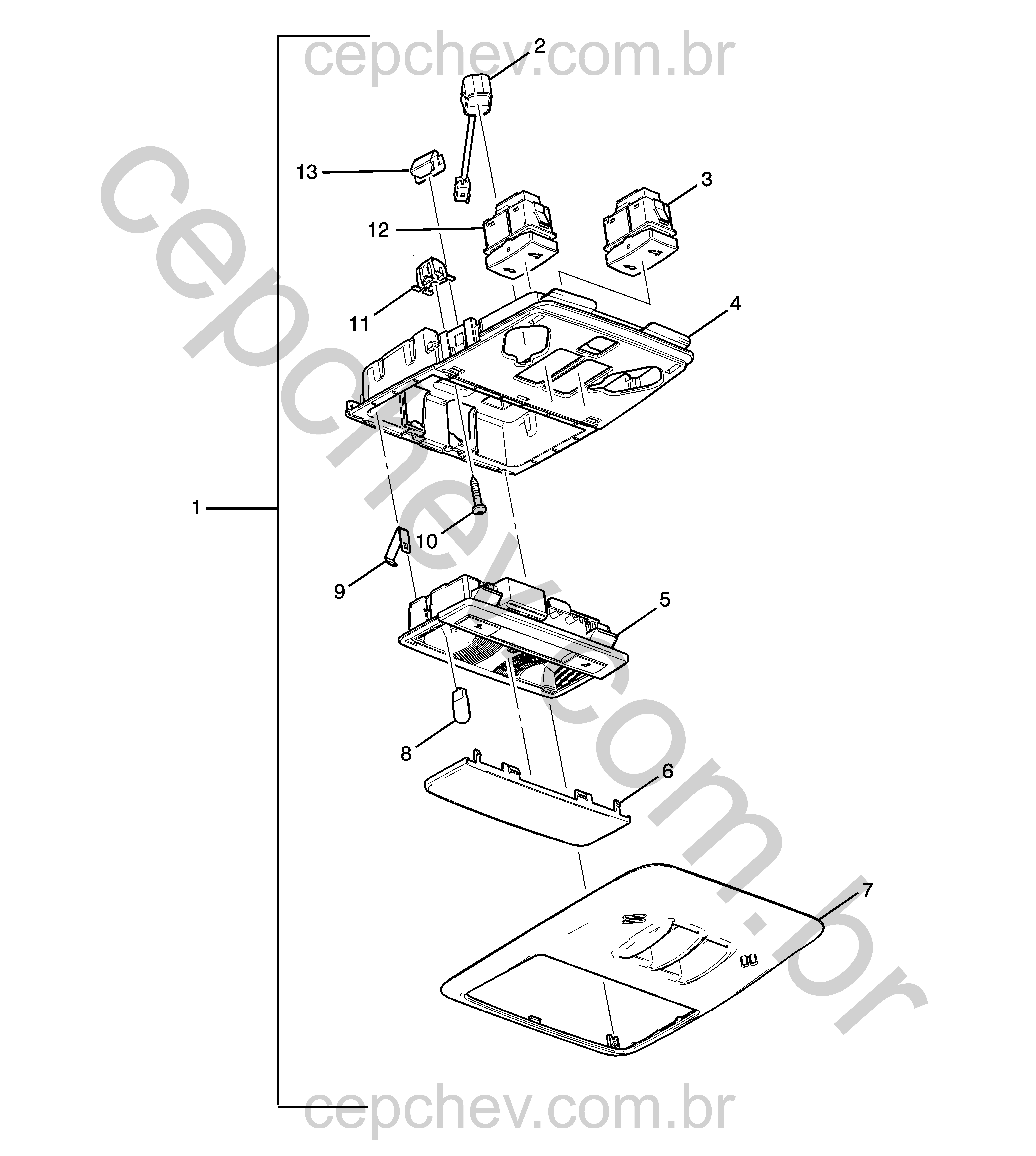 Console do teto e teto solar (2017–2020) com iluminação e interruptores cinza