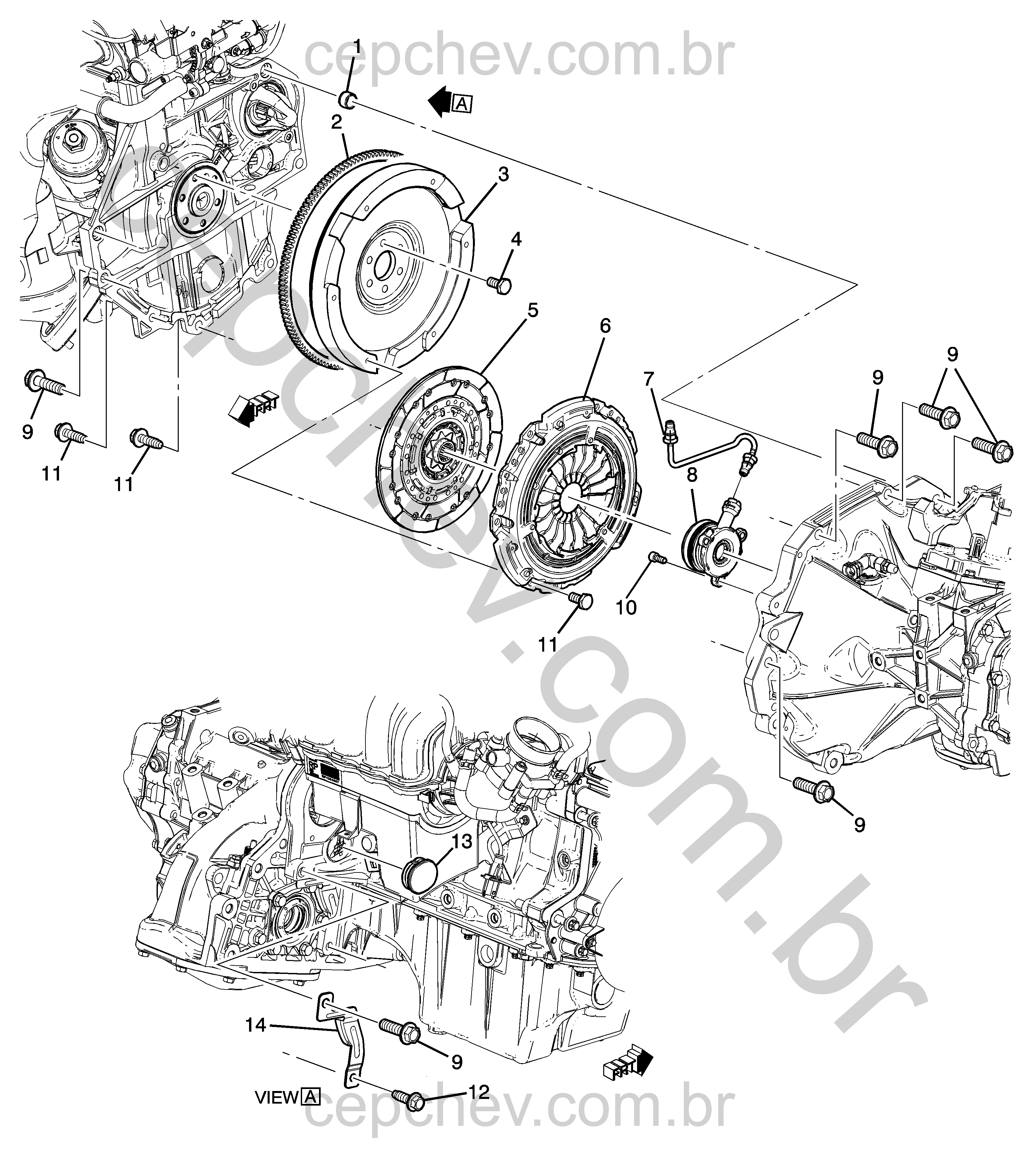 Fixação do motor e transmissão manual MXP (2012) com componentes de embreagem e volante