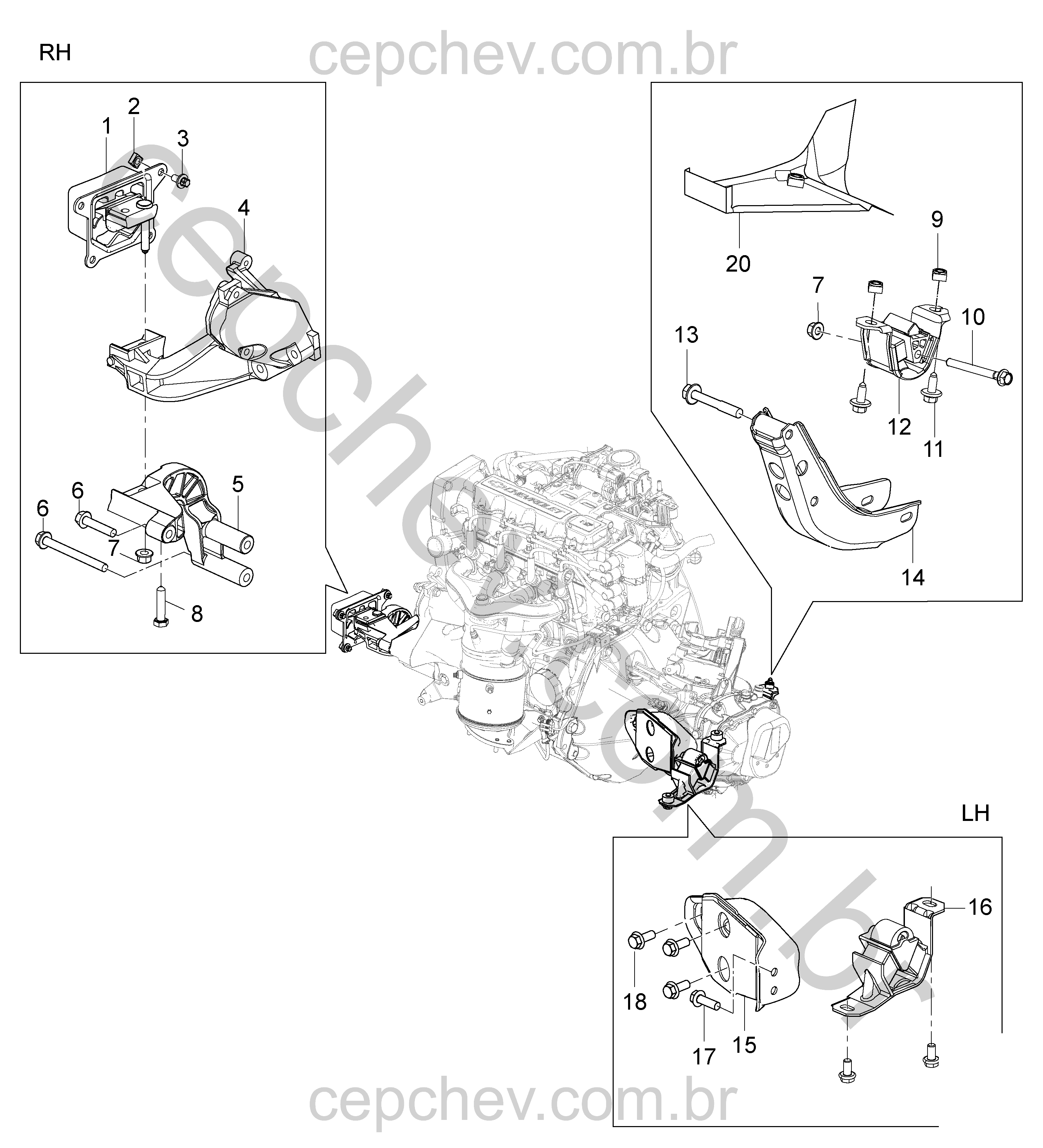 Fixação dianteira e traseira do motor (2011–2016)