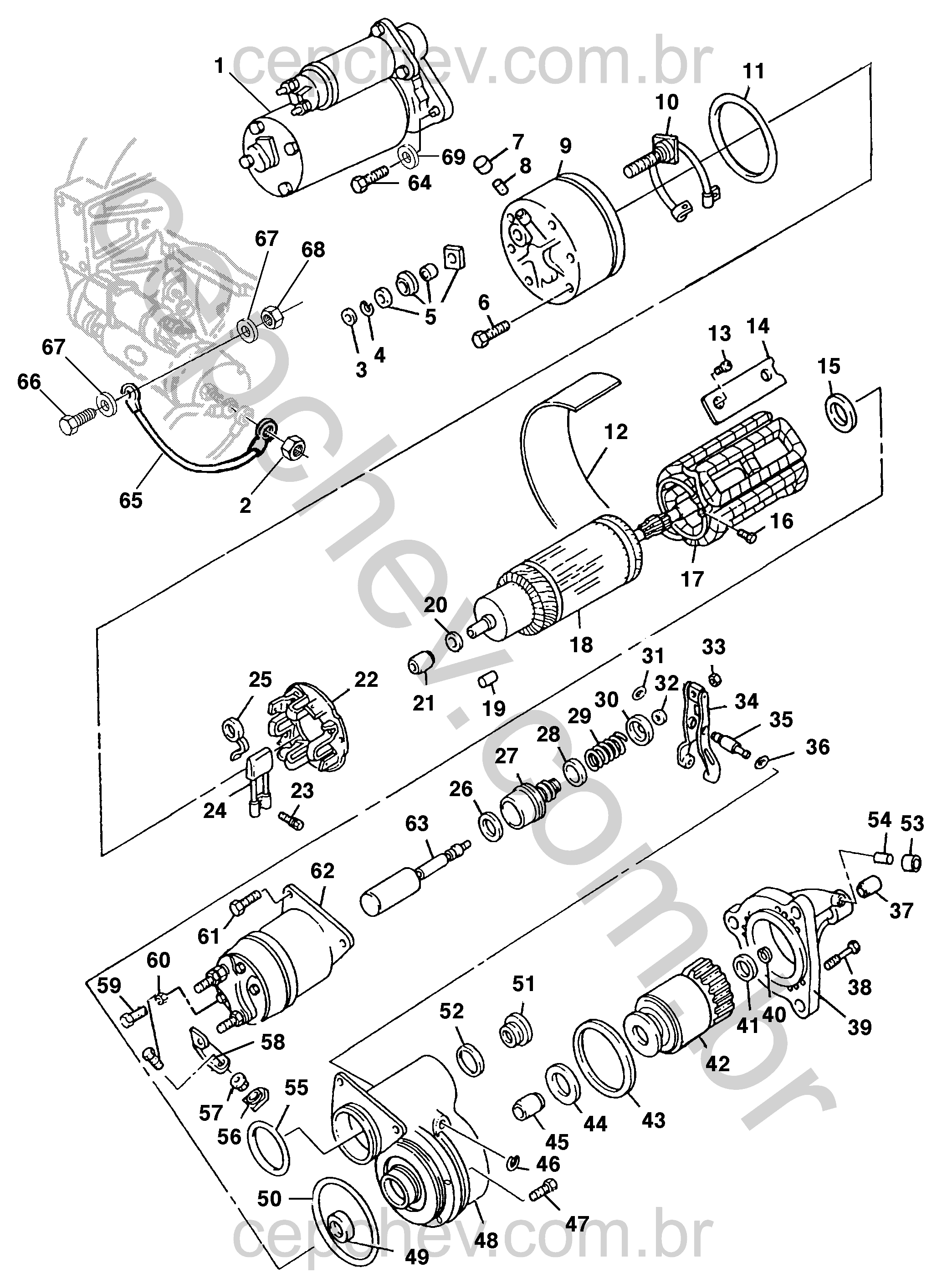 Motor de partida e acessórios de fixação e proteção térmica