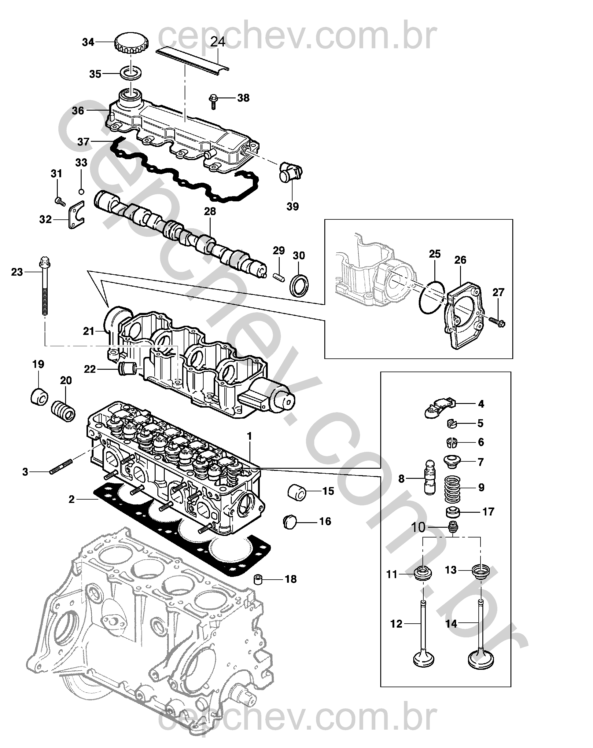 Cabeçote cilindro e componentes (2001–2010) para motor R08-48-69