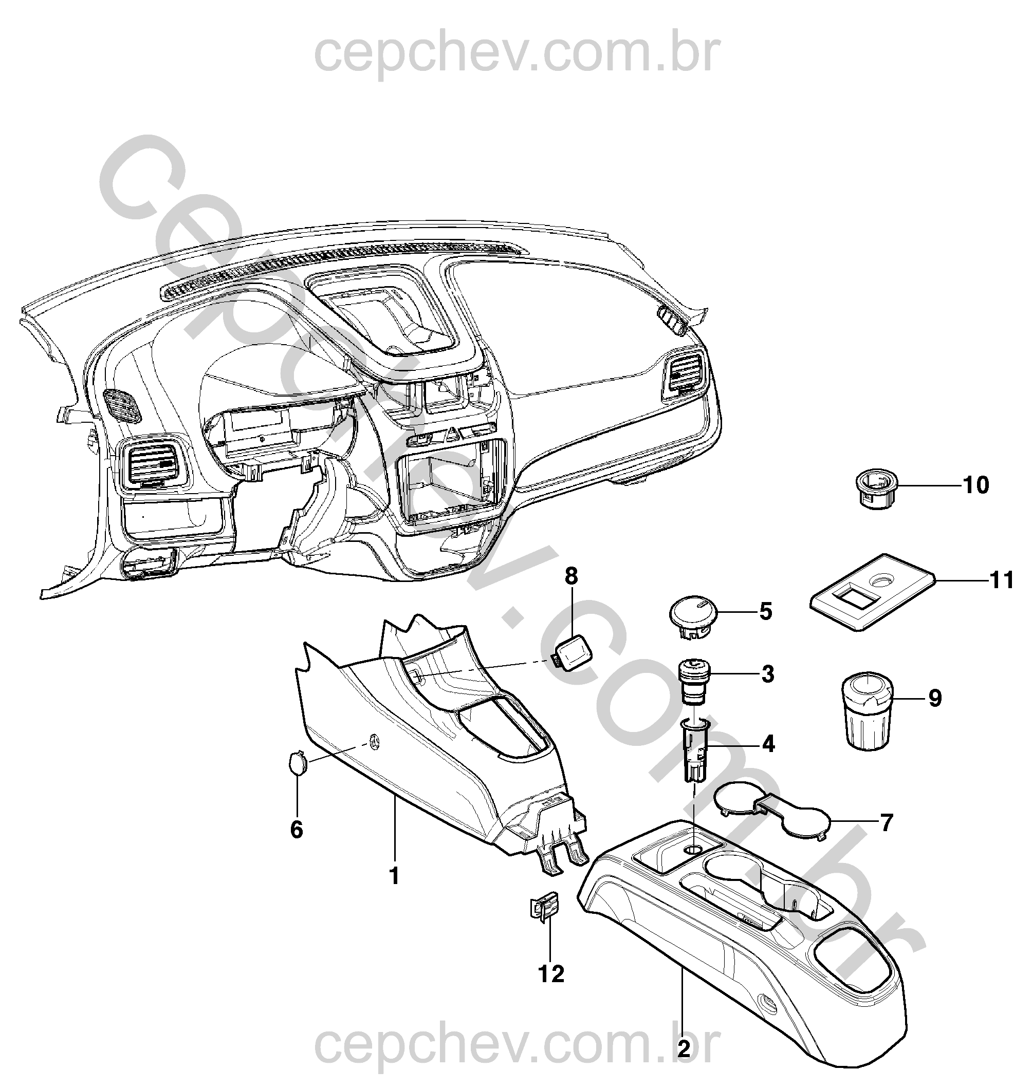 Console do assoalho dianteiro com acessórios elétricos e acabamento básico