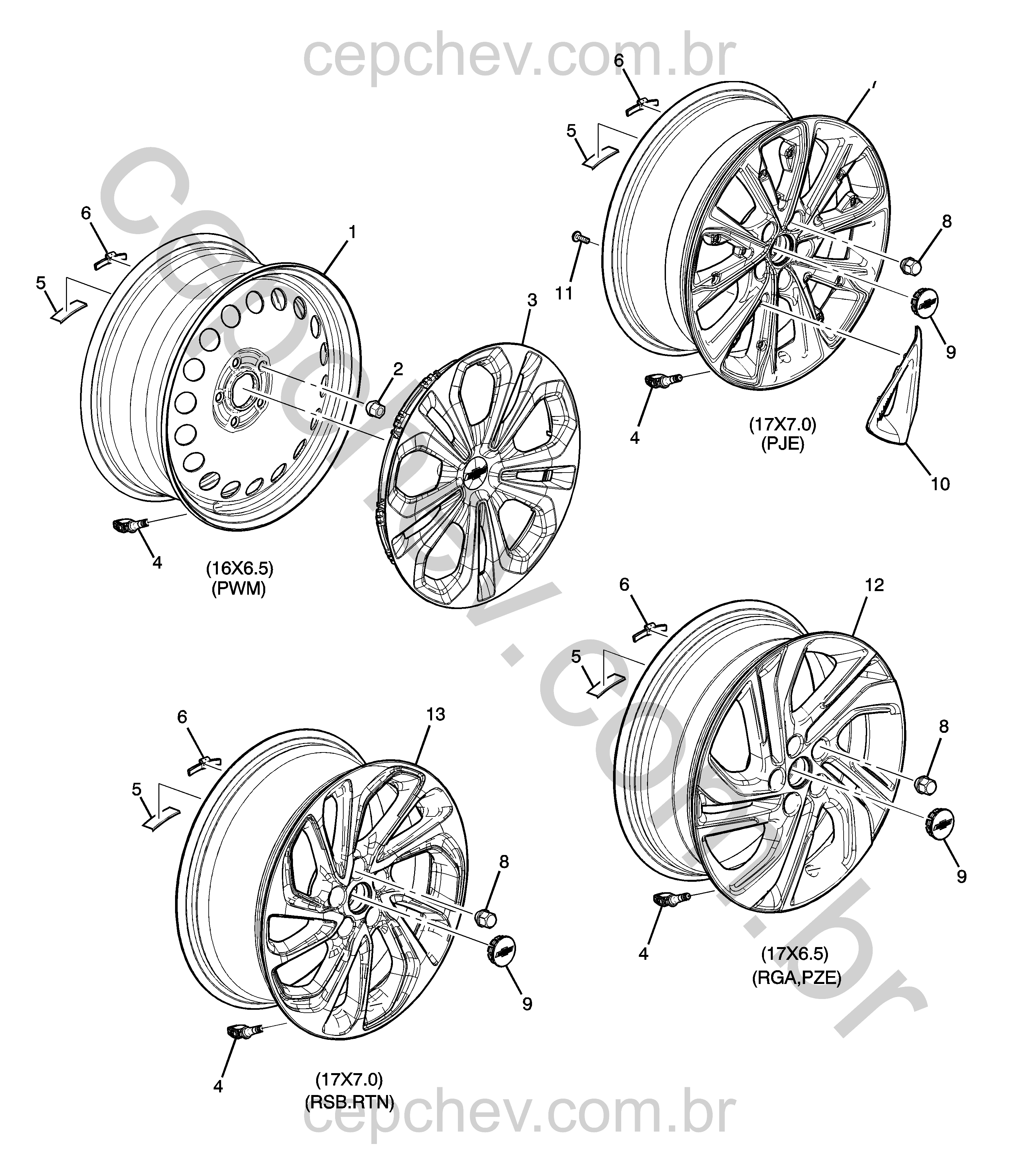 Rodas dianteira e traseira 17x7 com acessórios e sensor de pressão (2022)