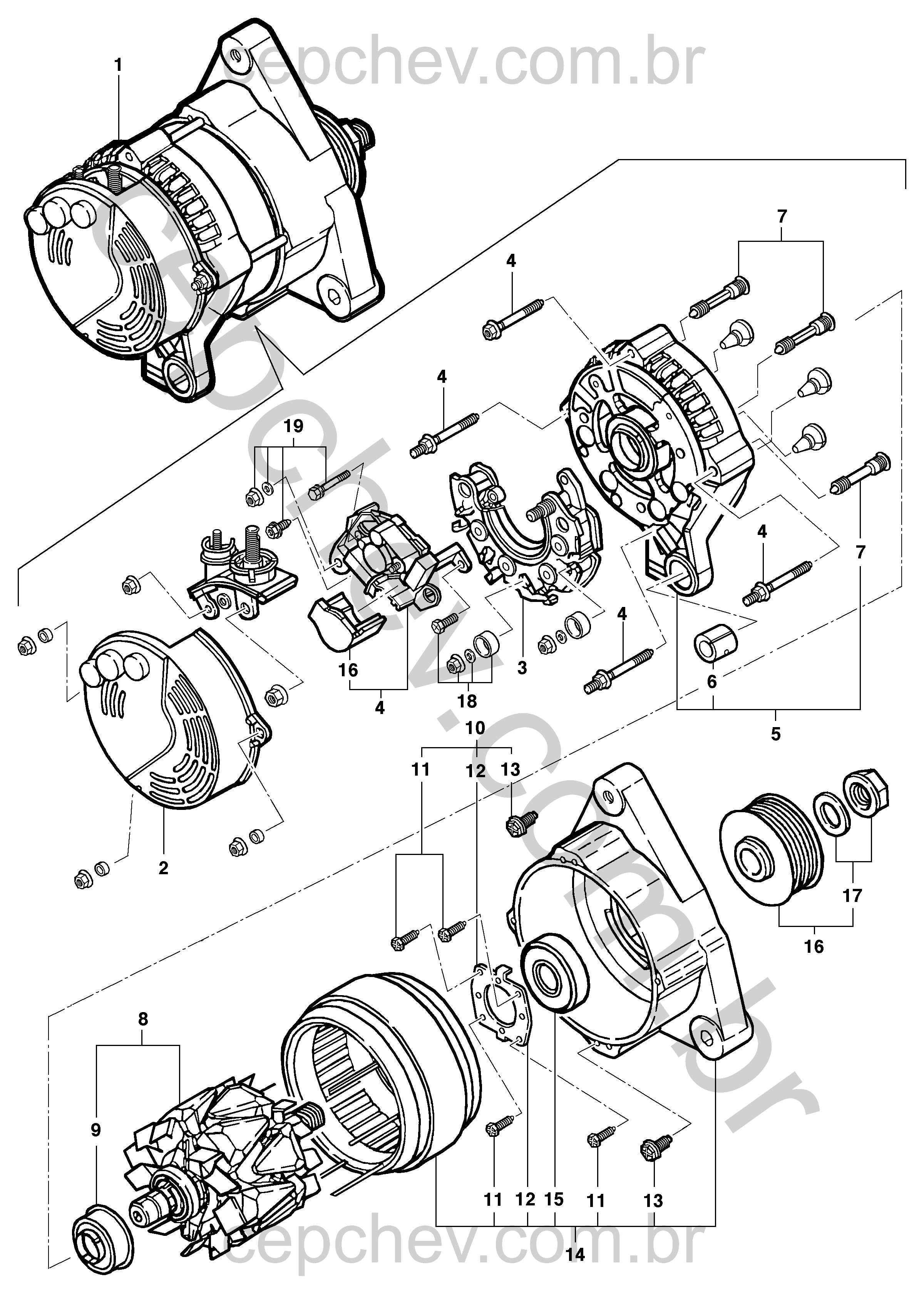 Conjunto alternador 70A com rotor, retificador, rolamentos e acessórios completos