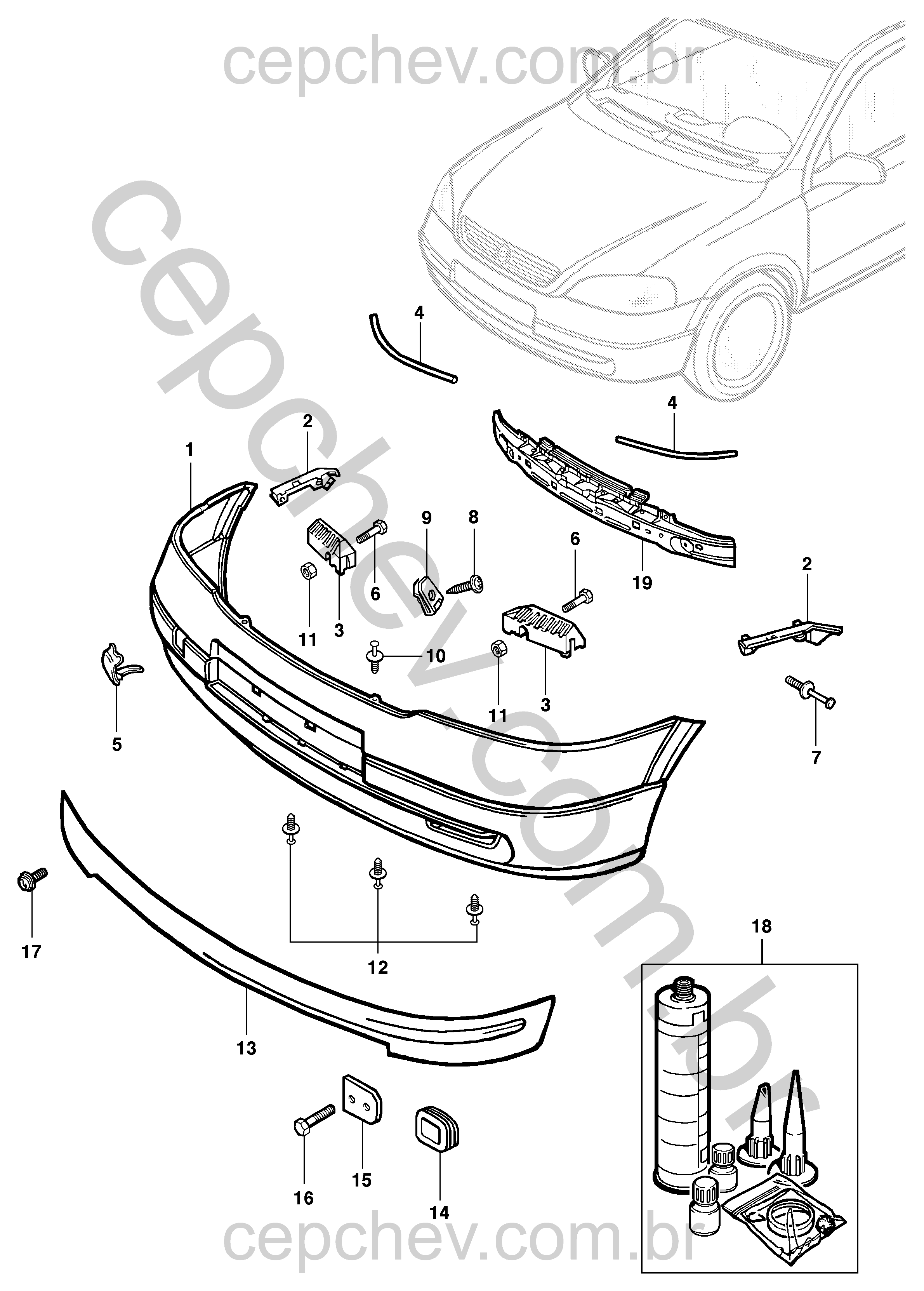 Pára-choque dianteiro hatch/sedan (1999–2002) e acessórios de fixação