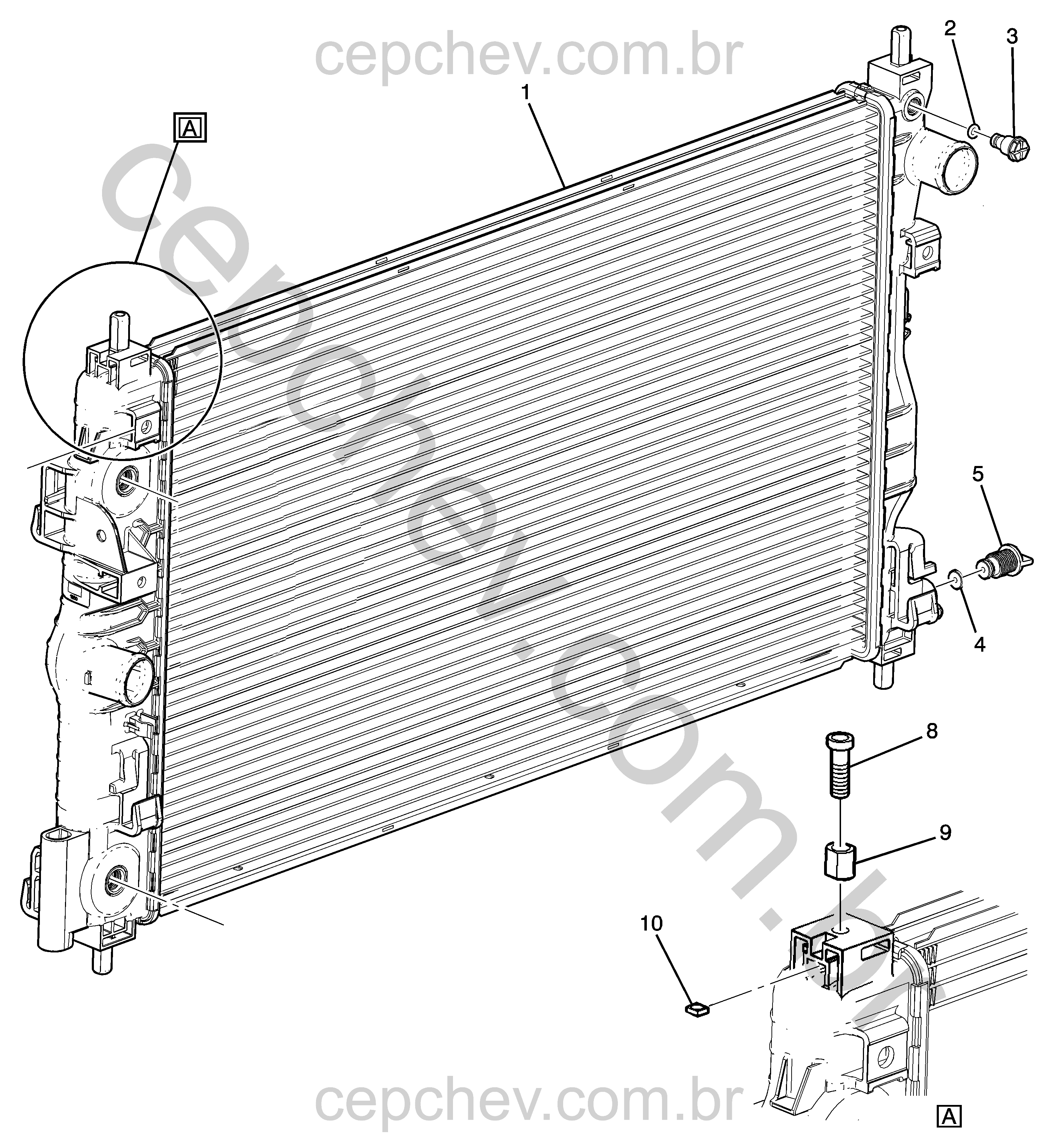 Conjunto radiador com peças para fixação e drenagem