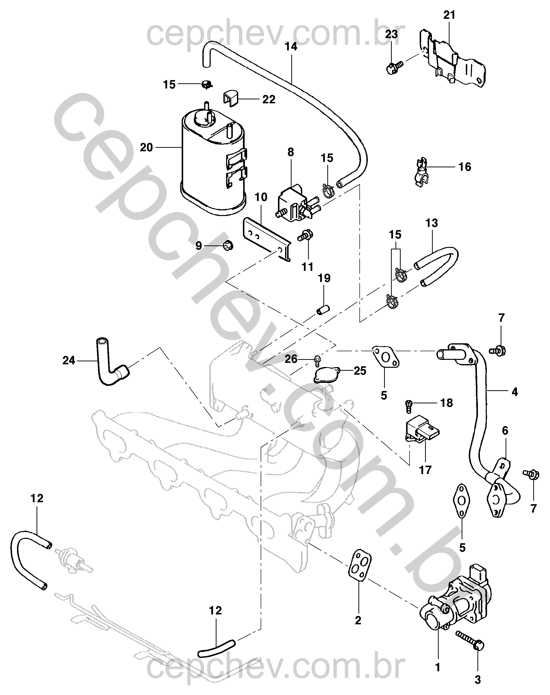Controle de emissões de gases motor gasolina (2007) com válvulas e canister