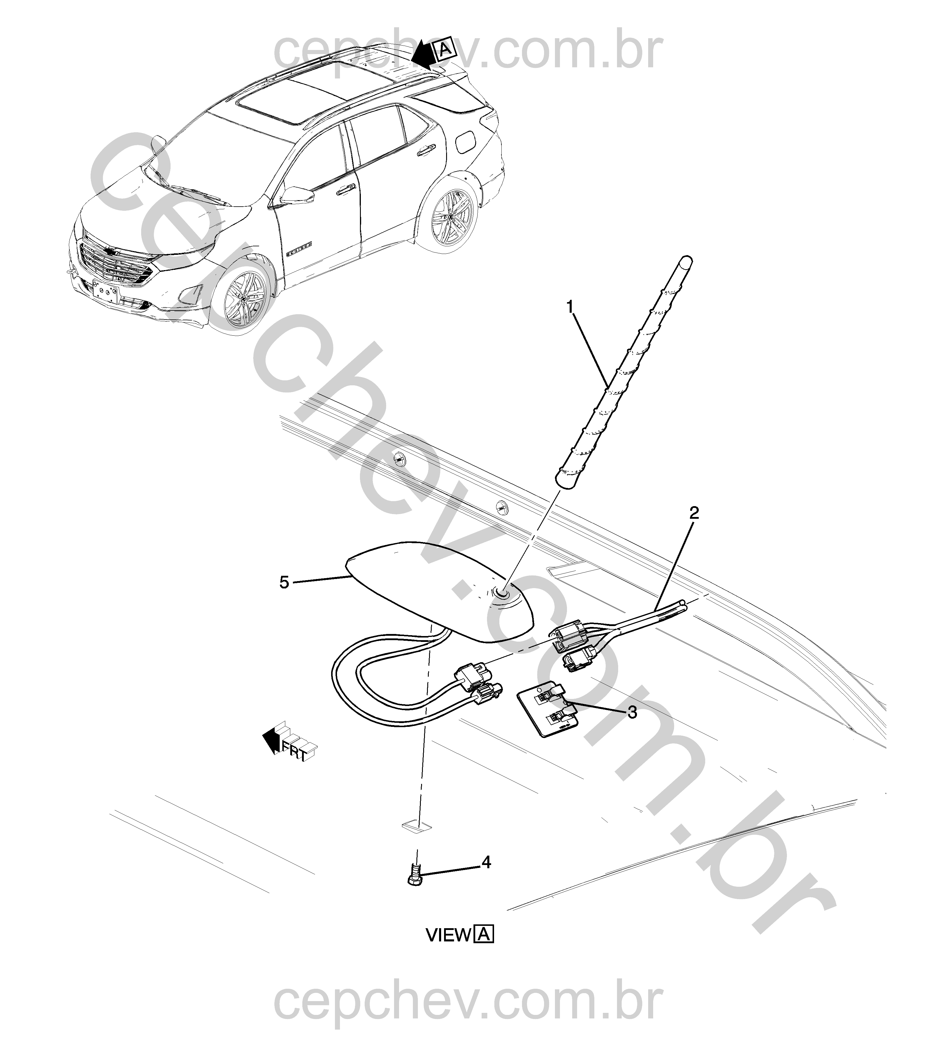 Antena de teto com cabo coaxial e suporte para rádio