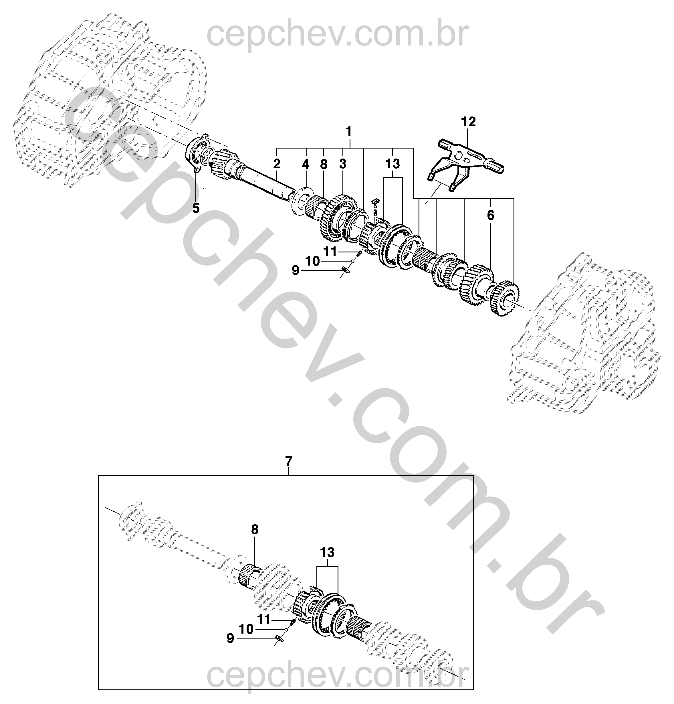 Transmissão mecânica MG7 - engrenagens da 5ª e ré