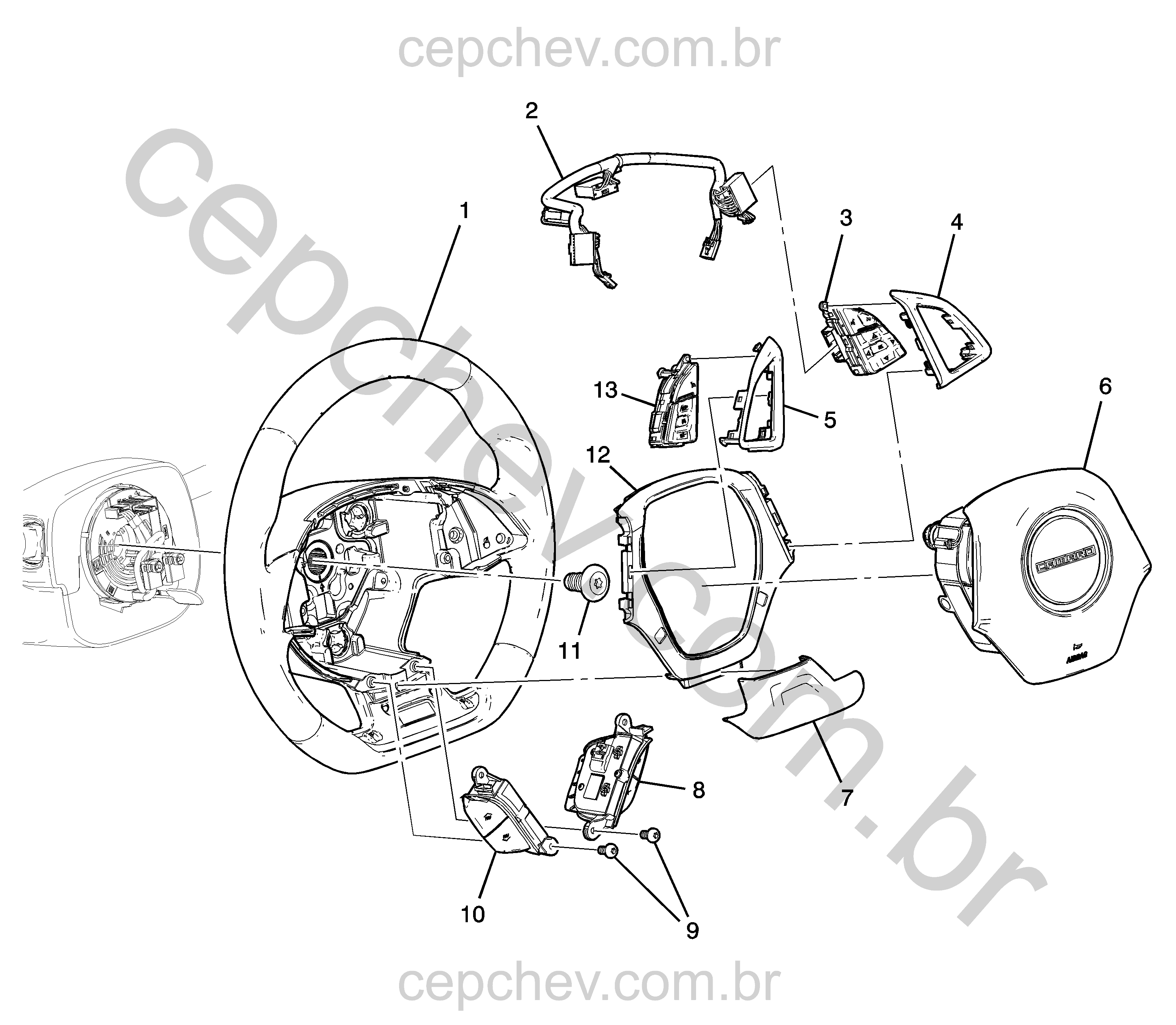 Volante de direção em couro com controle e airbag (exceto manual KB7)