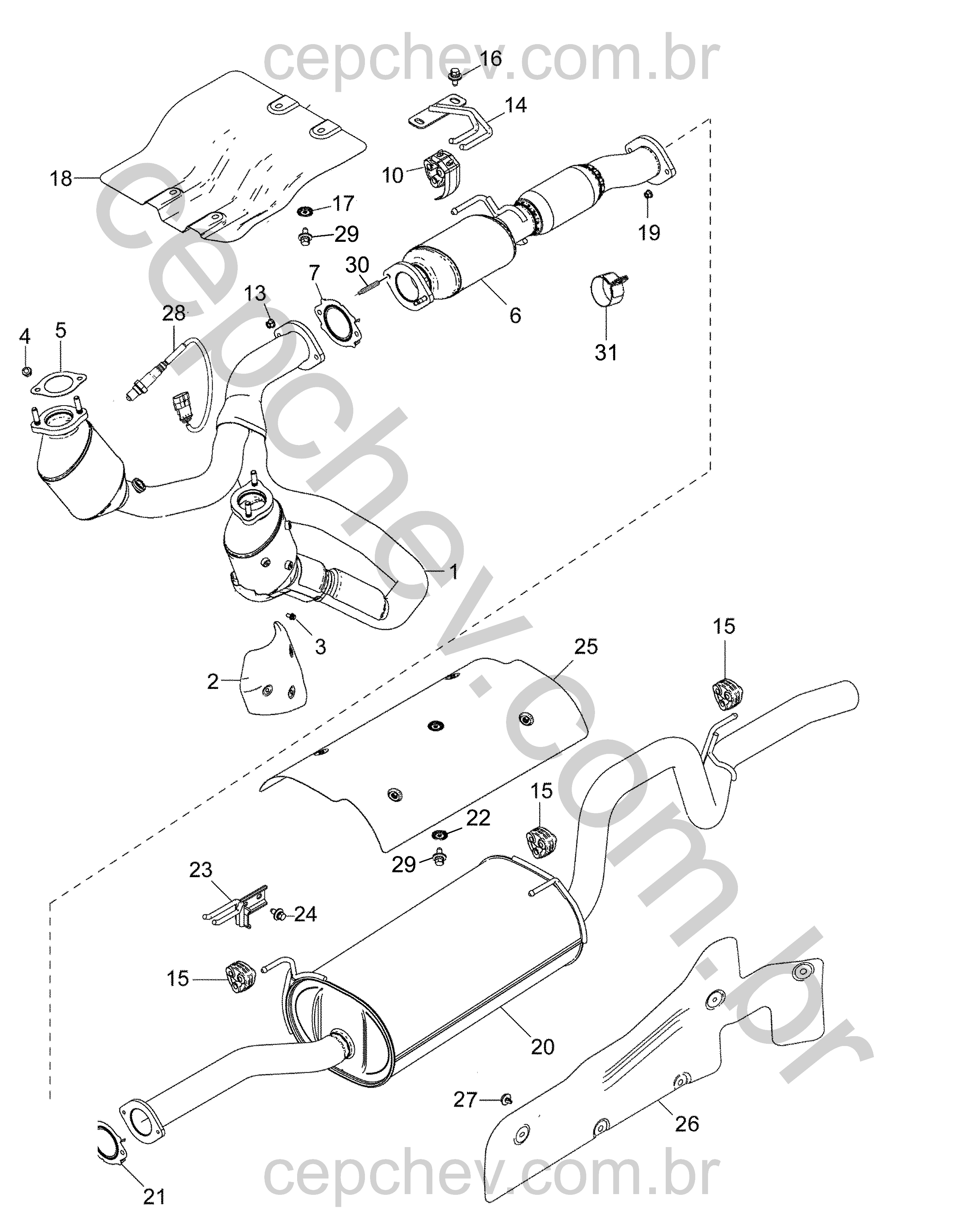 Sistema de escapamento LFX/LY7 3.6L gasolina com sensores e protetores térmicos