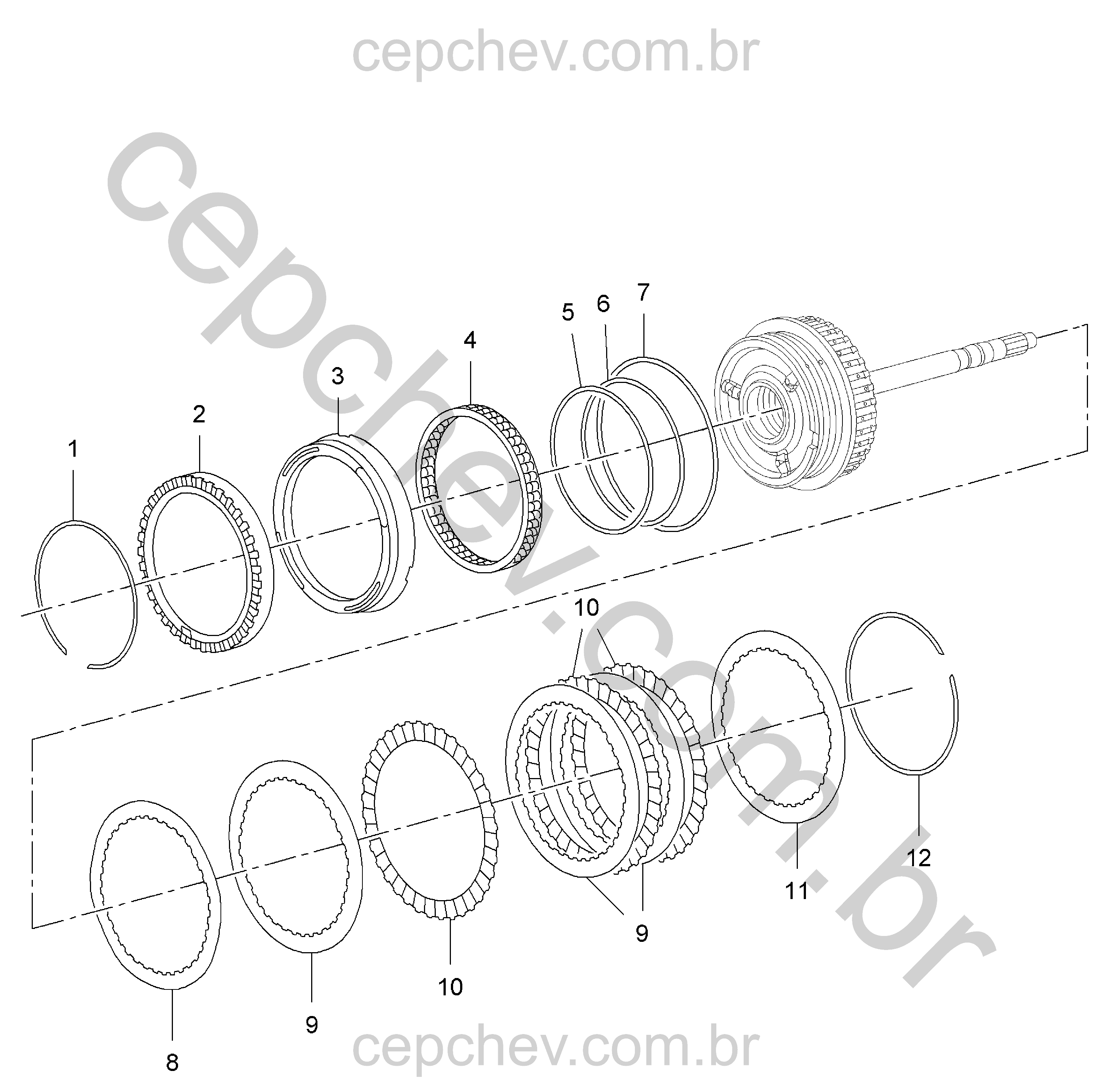 Transmissão automática com embreagem e componentes da marcha ré (3–5 mm)